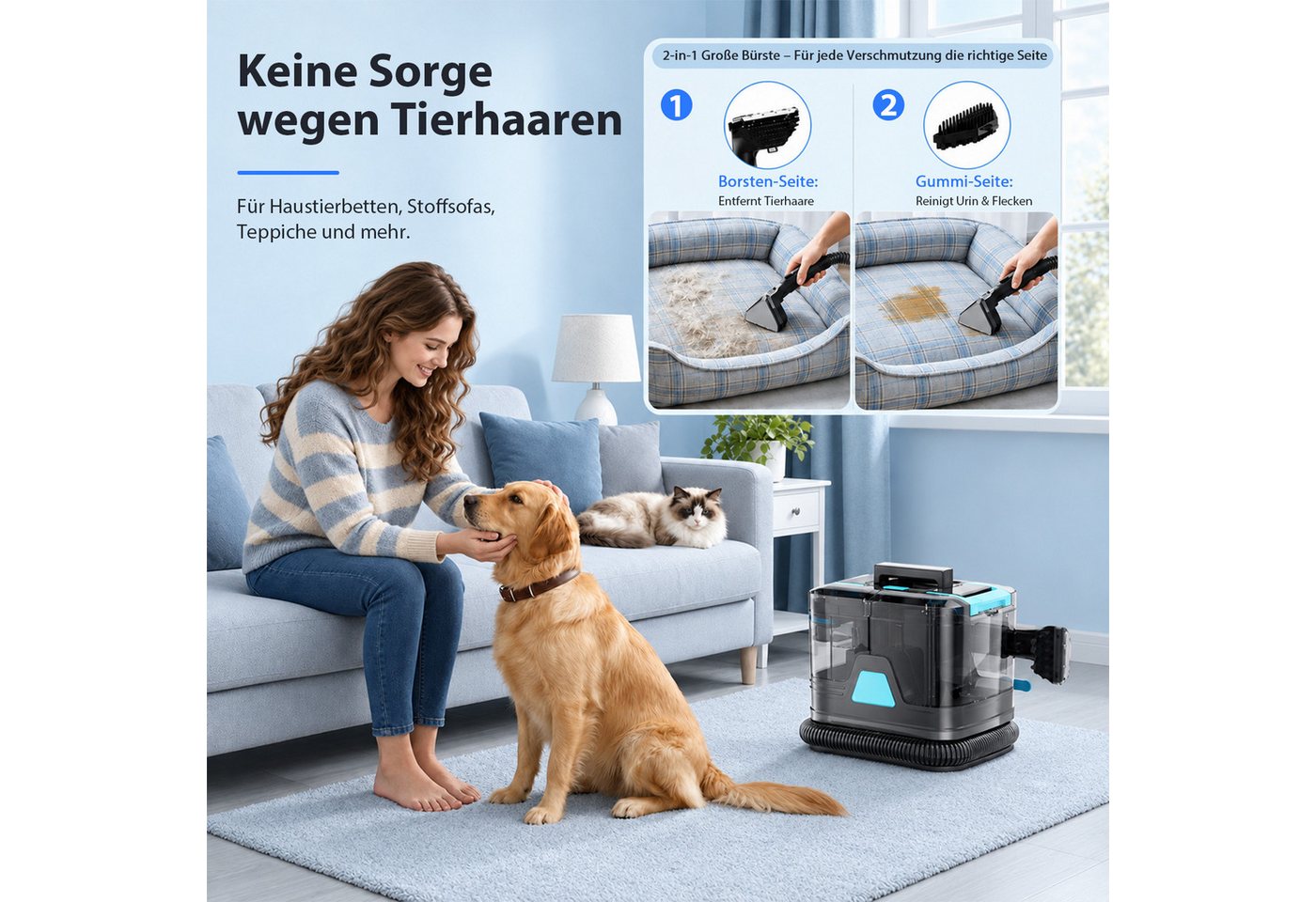 Grenintol Teppichreinigungsgerät 25KPA Waschsauger,Polsterreiniger Gerät,Teppichreiniger,Fleckentferner, 400 W, 2000 ml Frischwassertank-&-800 ml Schmutzwassertank, Tragbarer Fleckenreiniger mit Trenntank-System, Integrierte Zirkulationsreinigungsfunktion, Ein tragbarer Fleckenreiniger, Reinigt und desinfiziert Polster, Teppiche, Autos und Matratzen