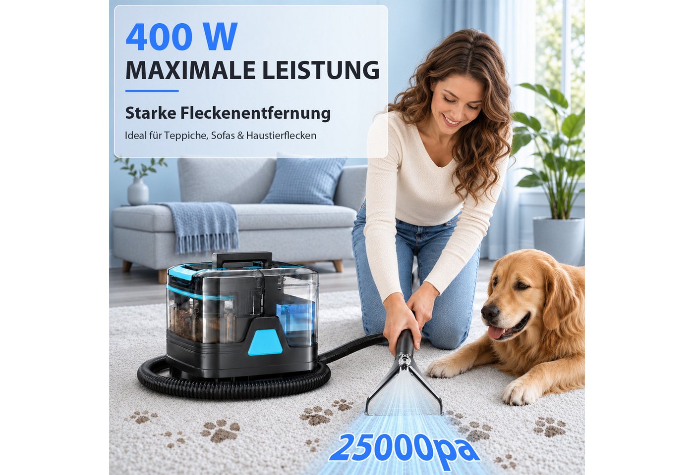 Grenintol Teppichreinigungsgerät 25KPA Waschsauger,Polsterreiniger Gerät,Teppichreiniger,Fleckentferner, 400 W, 2000 ml Frischwassertank-&-800 ml Schmutzwassertank, Tragbarer Fleckenreiniger mit Trenntank-System, Integrierte Zirkulationsreinigungsfunktion, Ein tragbarer Fleckenreiniger, Reinigt und desinfiziert Polster, Teppiche, Autos und Matratzen Bild 2