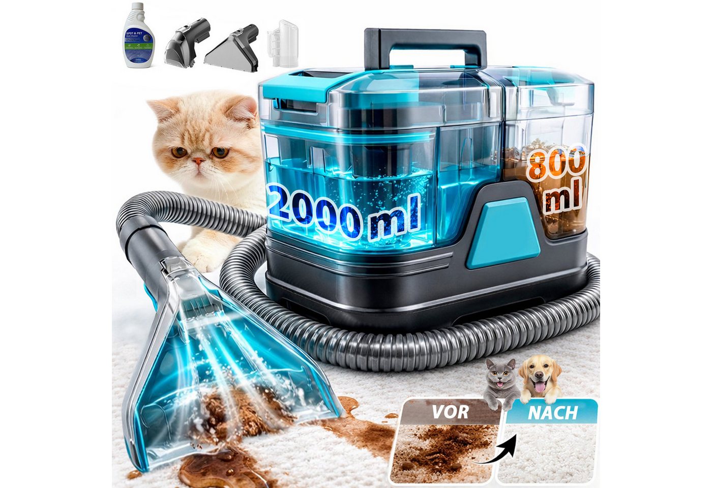Grenintol Teppichreinigungsgerät 25KPA Waschsauger,Polsterreiniger Gerät,Teppichreiniger,Fleckentferner, 400 W, 2000 ml Frischwassertank-&-800 ml Schmutzwassertank, Tragbarer Fleckenreiniger mit Trenntank-System, Integrierte Zirkulationsreinigungsfunktion, Ein tragbarer Fleckenreiniger, Reinigt und desinfiziert Polster, Teppiche, Autos und Matratzen Bild 3
