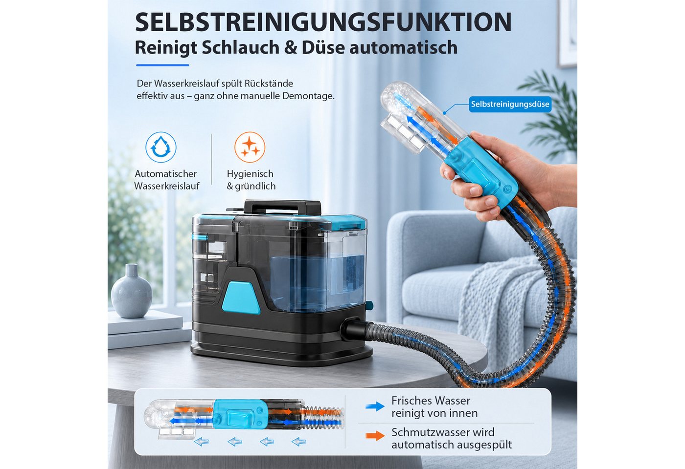 Grenintol Teppichreinigungsgerät 25KPA Waschsauger,Polsterreiniger Gerät,Teppichreiniger,Fleckentferner, 400 W, 2000 ml Frischwassertank-&-800 ml Schmutzwassertank, Tragbarer Fleckenreiniger mit Trenntank-System, Integrierte Zirkulationsreinigungsfunktion, Ein tragbarer Fleckenreiniger, Reinigt und desinfiziert Polster, Teppiche, Autos und Matratzen Bild 4