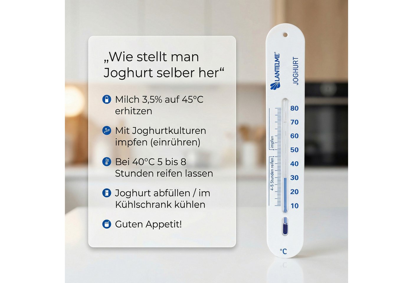 Lantelme Kochthermometer Joghurtthermometer Selbstsinkend Joghurt Milch Käse Thermometer, 20cm, 10 bis 80 Grad, aus lebensmittelechtem Kunststoff, mit Schnur Bild 2