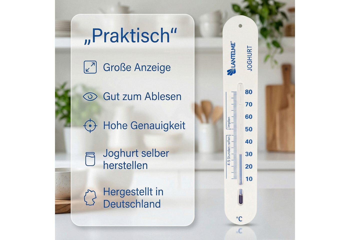 Lantelme Kochthermometer Joghurtthermometer Selbstsinkend Joghurt Milch Käse Thermometer, 20cm, 10 bis 80 Grad, aus lebensmittelechtem Kunststoff, mit Schnur Bild 4