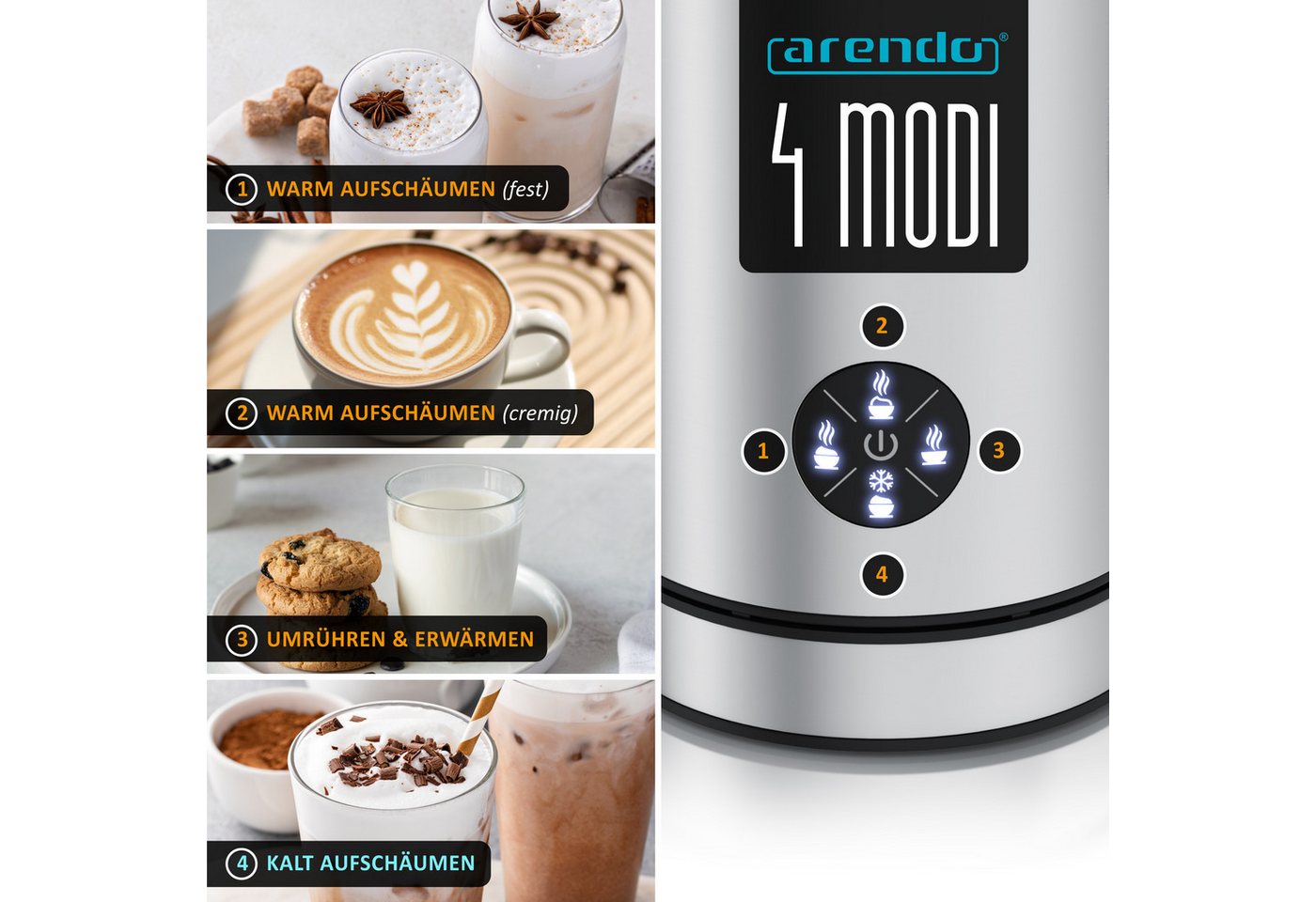 Arendo Milchaufschäumer elektrisch, 4 Programme, Doppelwandgehäuse, Antihaftbeschichtung, 500 W, 150 ml Heiß-/Kaltschaum,300 ml warme Milch,Cappuccino/Latte Macchiato Bild 4
