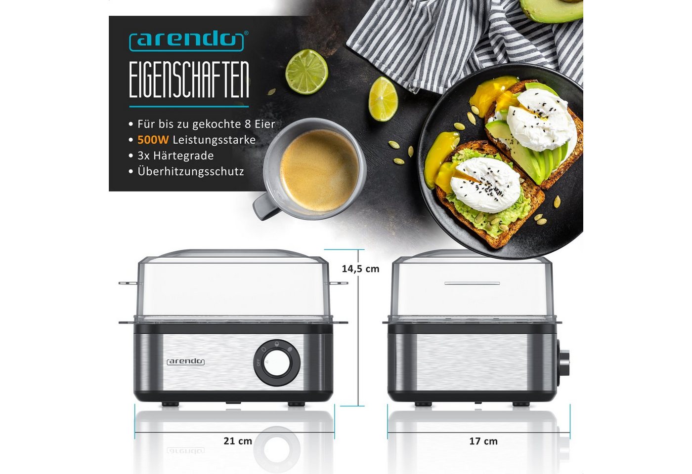 Arendo Eierkocher 8-fach, Edelstahl, frei wählbarer Härtegrad, mit Warmhaltefunktion, Anzahl Eier: 8 St., 500 W, 1-8 Eier, Drehregler für 3 Härtegrade, Zubehör spülmaschinengeeignet Bild 2