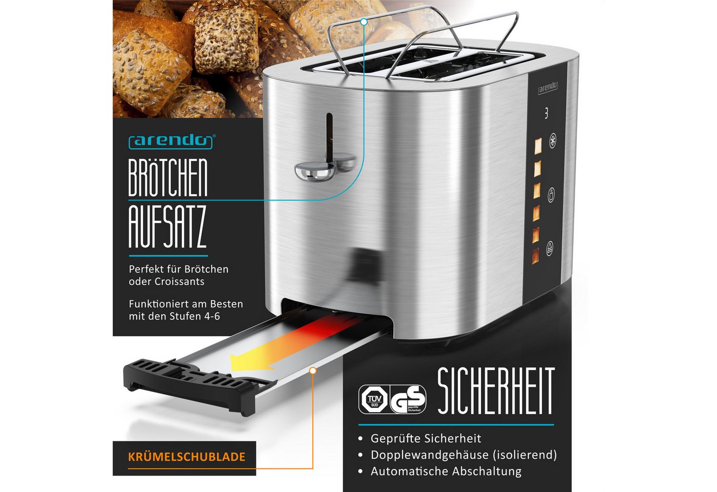 Arendo Toaster 2-Scheiben Kurzschlitz Edelstahl, Touch, Restzeit Bräunungsgradanzeige, 2 kurze Schlitze, für 2 Scheiben, 800 W, Brötchenaufsatz, Wärmeisoliert, Toast-Symbole für Bräunungsgradauswahl
