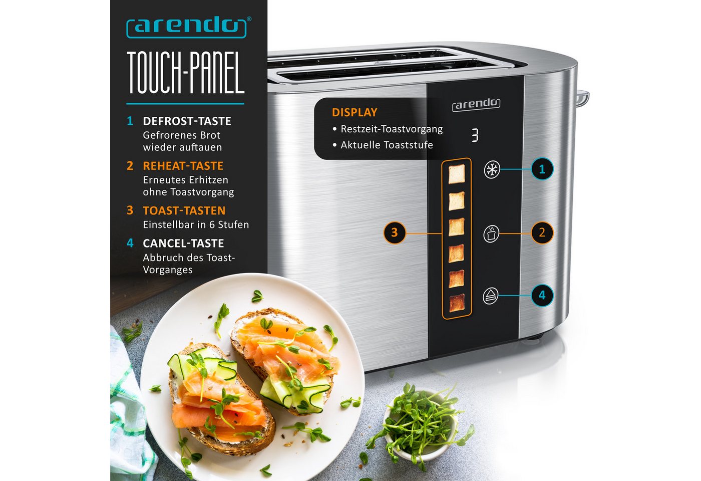 Arendo Toaster 2-Scheiben Kurzschlitz Edelstahl, Touch, Restzeit Bräunungsgradanzeige, 2 kurze Schlitze, für 2 Scheiben, 800 W, Brötchenaufsatz, Wärmeisoliert, Toast-Symbole für Bräunungsgradauswahl Bild 2
