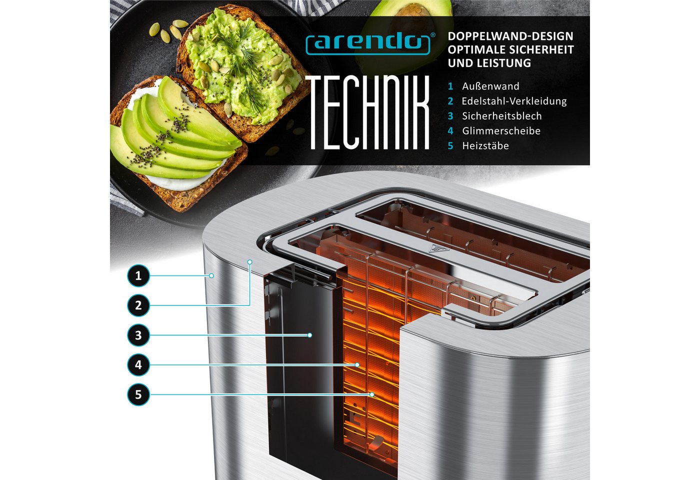 Arendo Toaster 2-Scheiben Kurzschlitz Edelstahl, Touch, Restzeit Bräunungsgradanzeige, 2 kurze Schlitze, für 2 Scheiben, 800 W, Brötchenaufsatz, Wärmeisoliert, Toast-Symbole für Bräunungsgradauswahl Bild 3