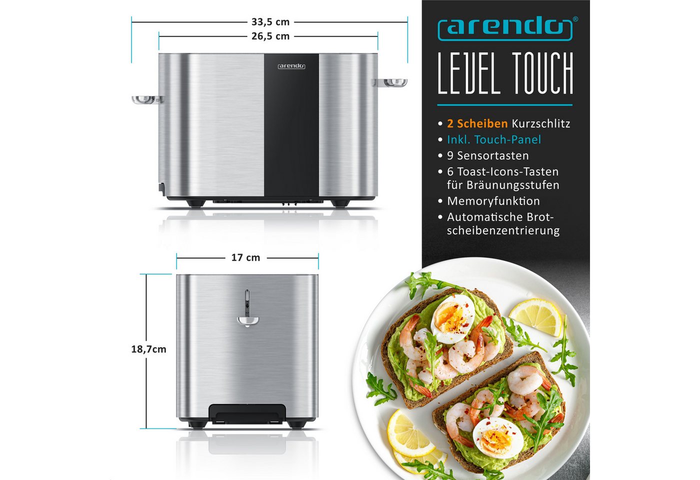 Arendo Toaster 2-Scheiben Kurzschlitz Edelstahl, Touch, Restzeit Bräunungsgradanzeige, 2 kurze Schlitze, für 2 Scheiben, 800 W, Brötchenaufsatz, Wärmeisoliert, Toast-Symbole für Bräunungsgradauswahl Bild 5