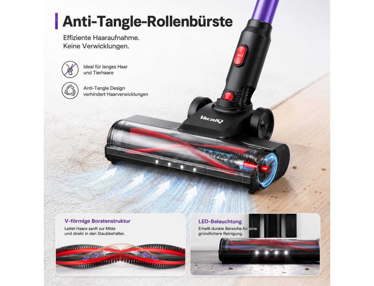 VacniQ Akku-Hand-und Stielstaubsauger kabellos, 35000Pa/465 W Akkusauger beutellos, 0,8 L, Anti-Tangle,LED, 465 W, beutellos, 5-stufiger Filter, für Tierhaare, Teppich & Hartboden