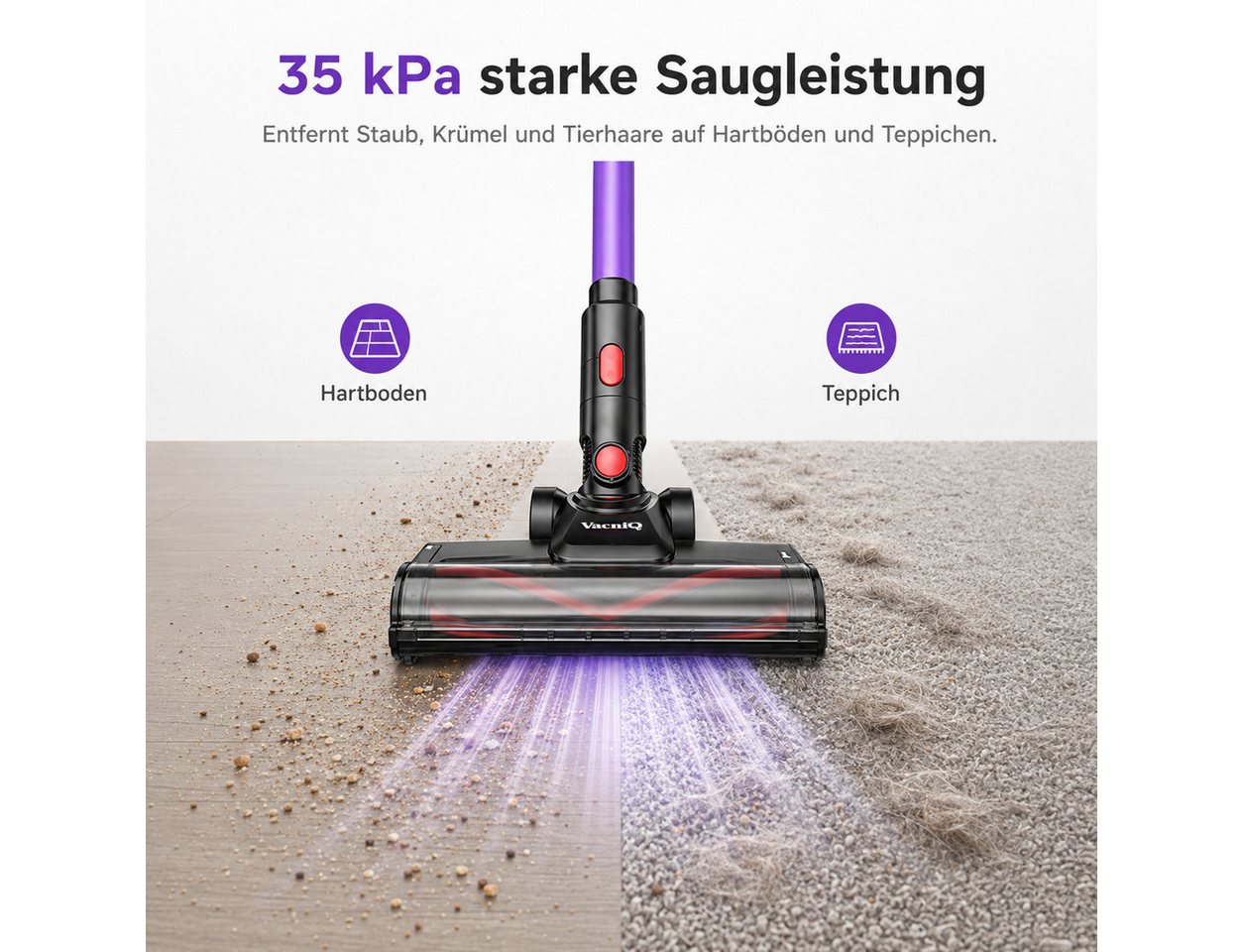 VacniQ Akku-Hand-und Stielstaubsauger kabellos, 35000Pa/465 W Akkusauger beutellos, 0,8 L, Anti-Tangle,LED, 465 W, beutellos, 5-stufiger Filter, für Tierhaare, Teppich & Hartboden Bild 2