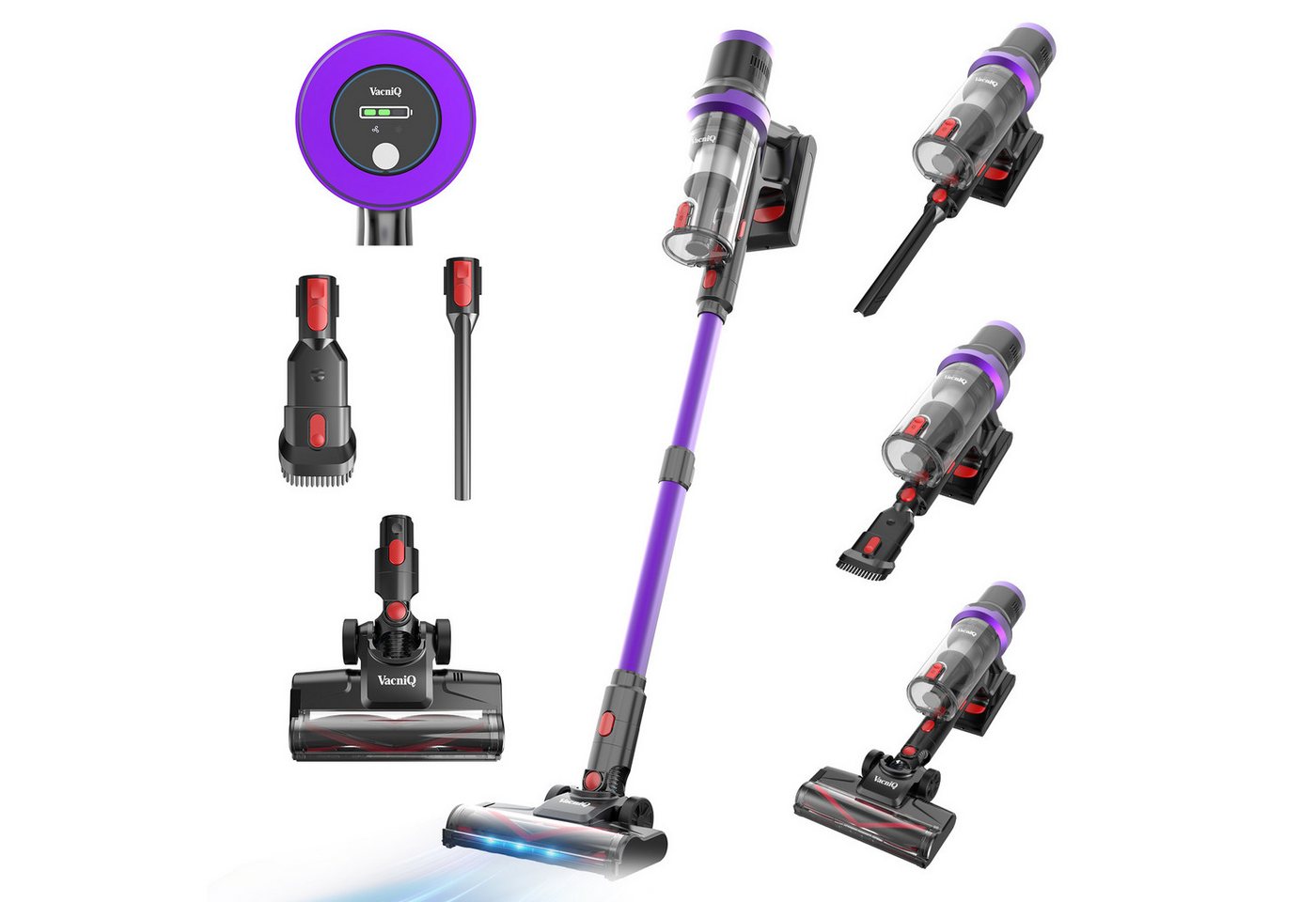 VacniQ Akku-Hand-und Stielstaubsauger kabellos, 35000Pa/465 W Akkusauger beutellos, 0,8 L, Anti-Tangle,LED, 465 W, beutellos, 5-stufiger Filter, für Tierhaare, Teppich & Hartboden Bild 4