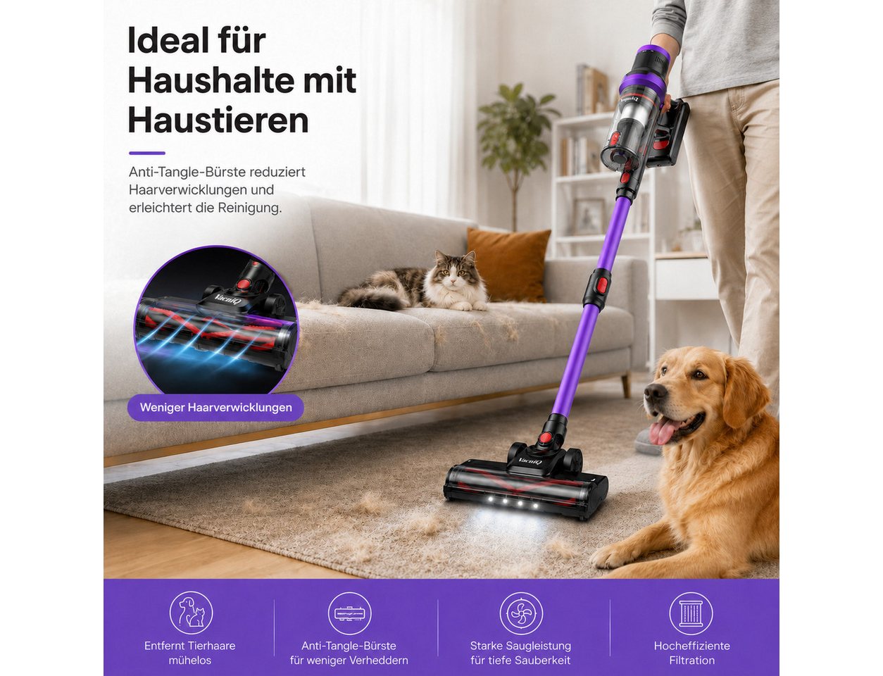 VacniQ Akku-Hand-und Stielstaubsauger kabellos, 35000Pa/465 W Akkusauger beutellos, 0,8 L, Anti-Tangle,LED, 465 W, beutellos, 5-stufiger Filter, für Tierhaare, Teppich & Hartboden Bild 5