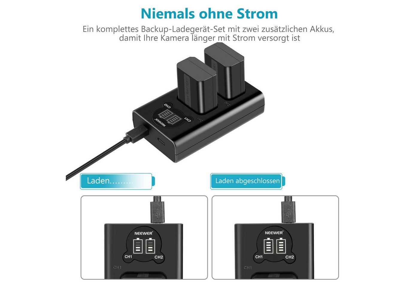 Neewer Kamera Akku Ladegerät Set für NP-FW50 Kompatibel mit Sony ZV-E10 Kamera-Akku 1100 mAh, 2 1100mAh Ersatzakku für A7 A7R A7RII A7SII A7S a6300 a6400 a6500 RX10