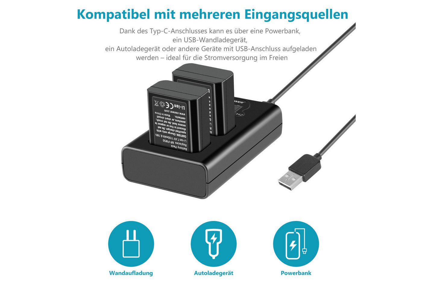 Neewer Kamera Akku Ladegerät Set für NP-FW50 Kompatibel mit Sony ZV-E10 Kamera-Akku 1100 mAh, 2 1100mAh Ersatzakku für A7 A7R A7RII A7SII A7S a6300 a6400 a6500 RX10 Bild 5