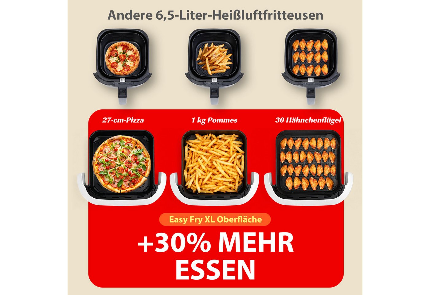 Aigostar Heißluftfritteuse XL 745 cm² Garfläche, Pizzafunktion, 2200 W, leiser, Extra-Crisp Technologie, Touchscreen, Metall-Innenraum