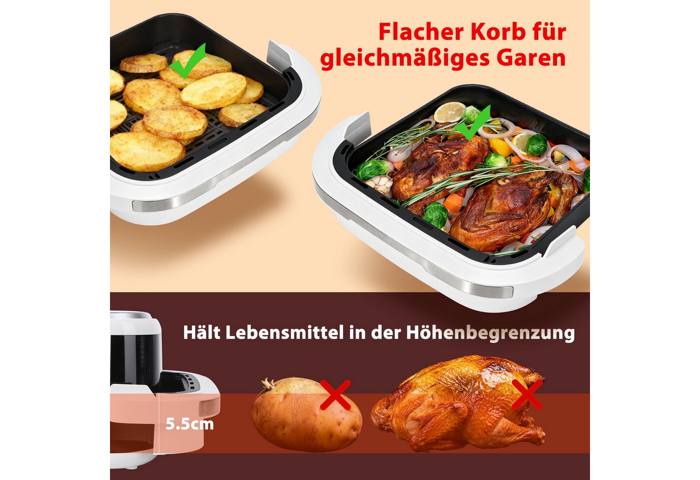 Aigostar Heißluftfritteuse XL 745 cm² Garfläche, Pizzafunktion, 2200 W, leiser, Extra-Crisp Technologie, Touchscreen, Metall-Innenraum Bild 3