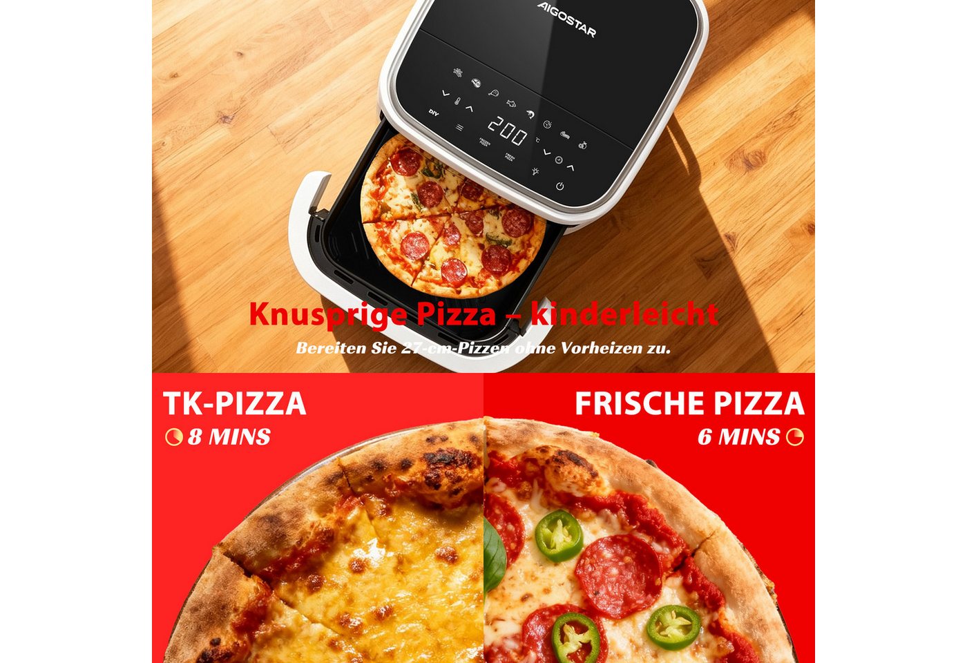 Aigostar Heißluftfritteuse XL 745 cm² Garfläche, Pizzafunktion, 2200 W, leiser, Extra-Crisp Technologie, Touchscreen, Metall-Innenraum Bild 4