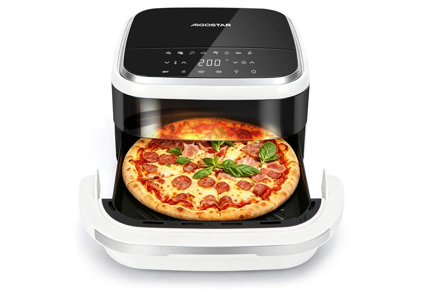 Aigostar Heißluftfritteuse XL 745 cm² Garfläche, Pizzafunktion, 2200 W, leiser, Extra-Crisp Technologie, Touchscreen, Metall-Innenraum Bild 5