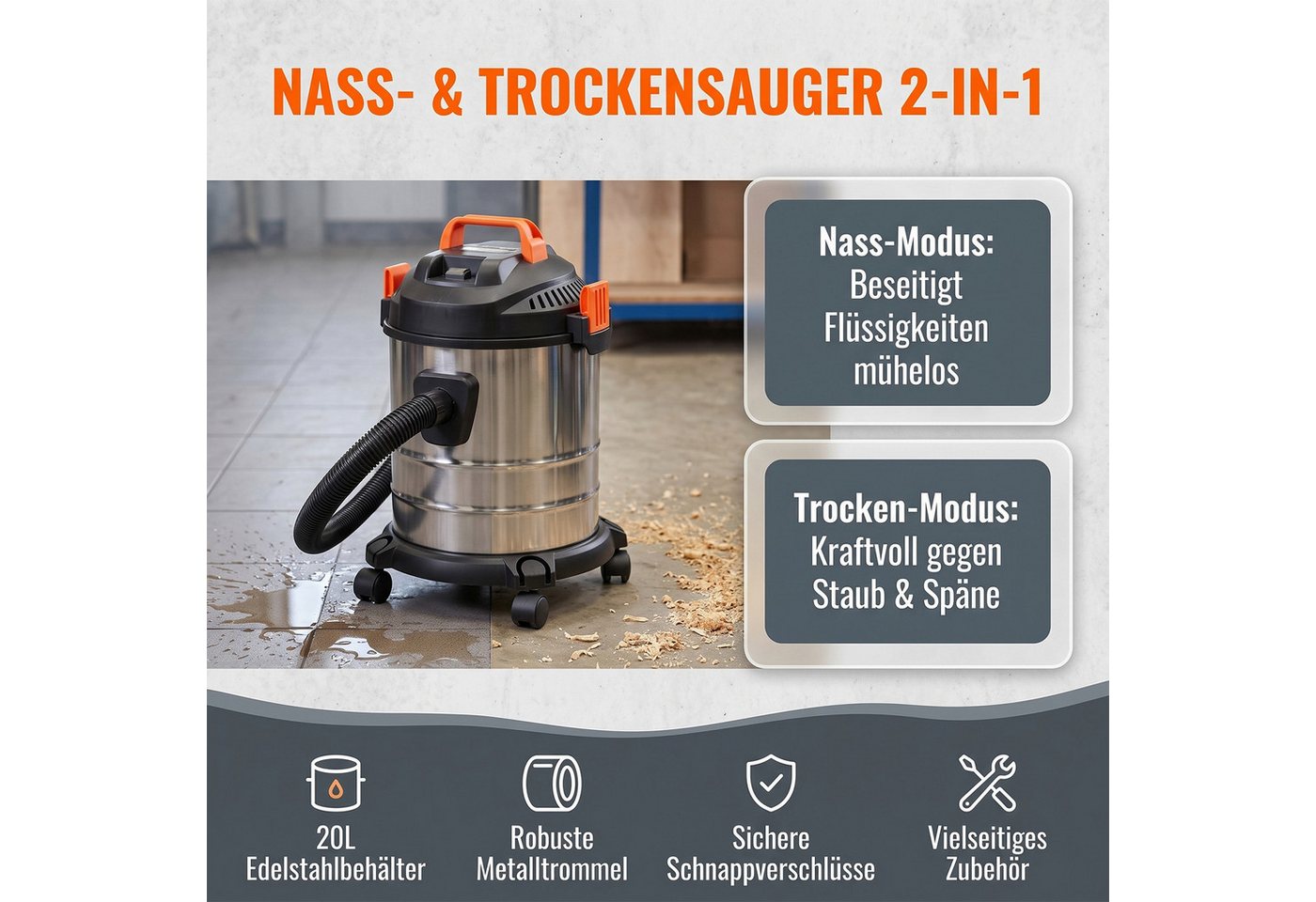 AKKEE Industriesauger 3-in-1 Nass- & Trockensauger Mit 1,5-m-Schlauch und hoher Saugkraft, 2000 W, beutellos, Staubsauger mit 20-Liter-Edelstahlbehälter 18 kPa Bild 2