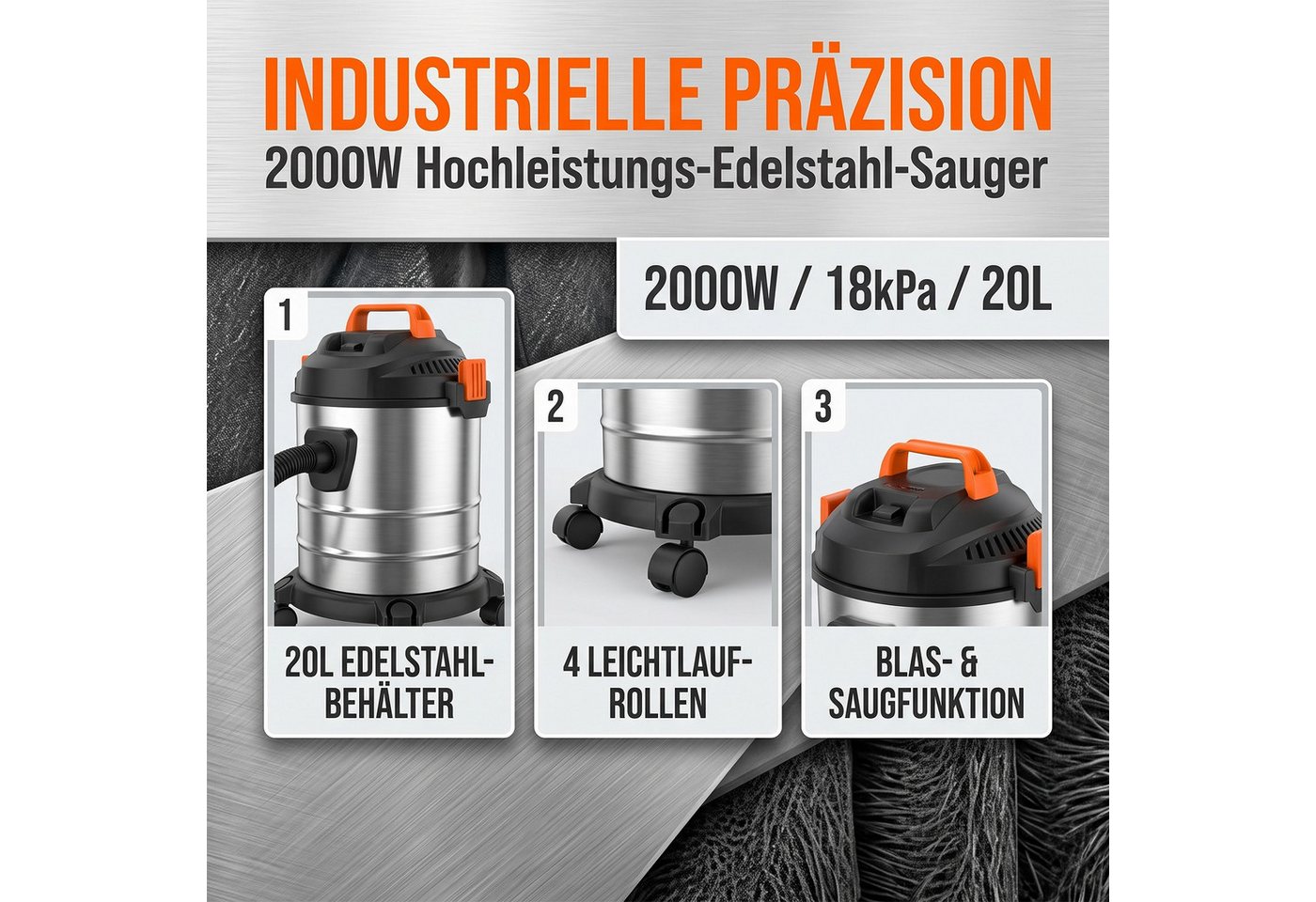 AKKEE Industriesauger 3-in-1 Nass- & Trockensauger Mit 1,5-m-Schlauch und hoher Saugkraft, 2000 W, beutellos, Staubsauger mit 20-Liter-Edelstahlbehälter 18 kPa Bild 3