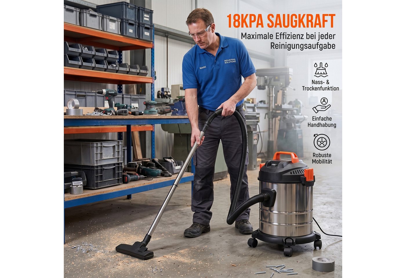 AKKEE Industriesauger 3-in-1 Nass- & Trockensauger Mit 1,5-m-Schlauch und hoher Saugkraft, 2000 W, beutellos, Staubsauger mit 20-Liter-Edelstahlbehälter 18 kPa Bild 5