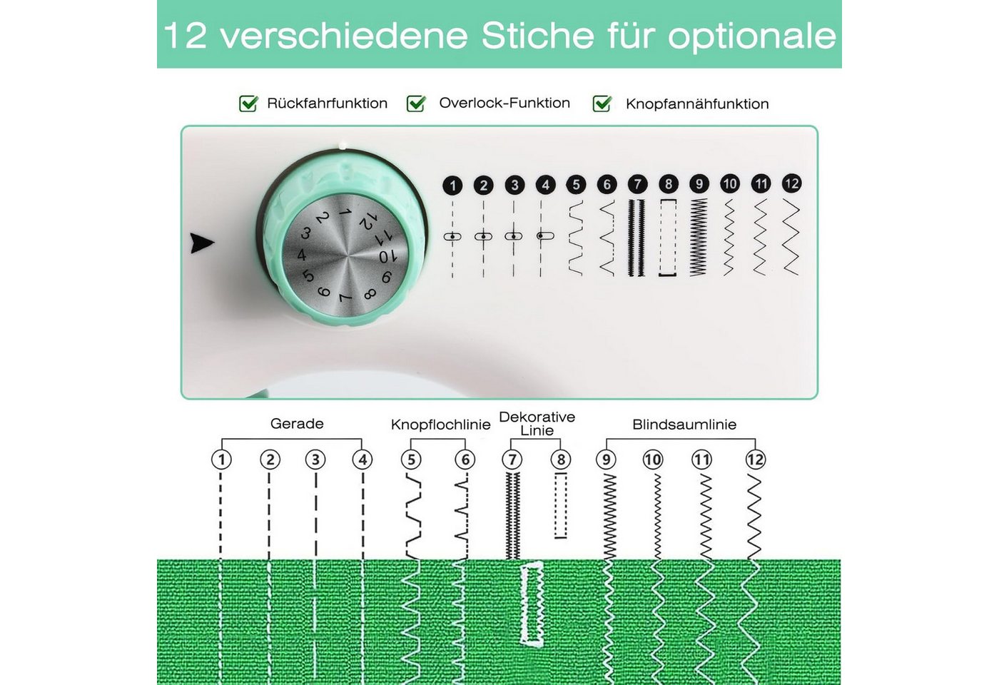 CkeyiN Nähmaschine Haushaltsnähmaschine Kleine Multifunktionale Mini-Handnähmaschine, 12 Programme, mit 12 integrierten Sticharten, Doppelnadel, 2 Geschwindigkeit Bild 3