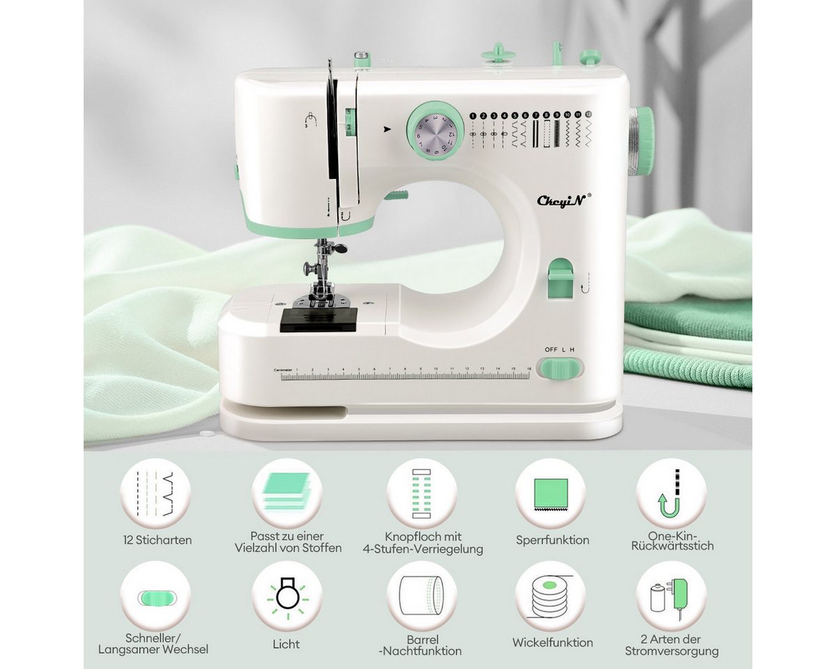 CkeyiN Nähmaschine Haushaltsnähmaschine Kleine Multifunktionale Mini-Handnähmaschine, 12 Programme, mit 12 integrierten Sticharten, Doppelnadel, 2 Geschwindigkeit Bild 4