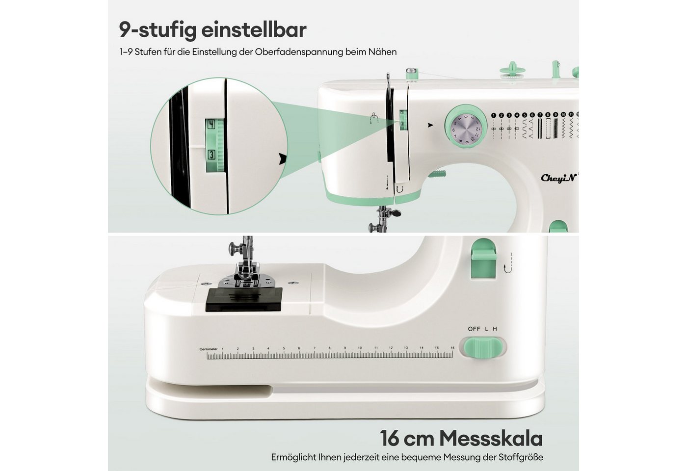 CkeyiN Nähmaschine Haushaltsnähmaschine Kleine Multifunktionale Mini-Handnähmaschine, 12 Programme, mit 12 integrierten Sticharten, Doppelnadel, 2 Geschwindigkeit Bild 5