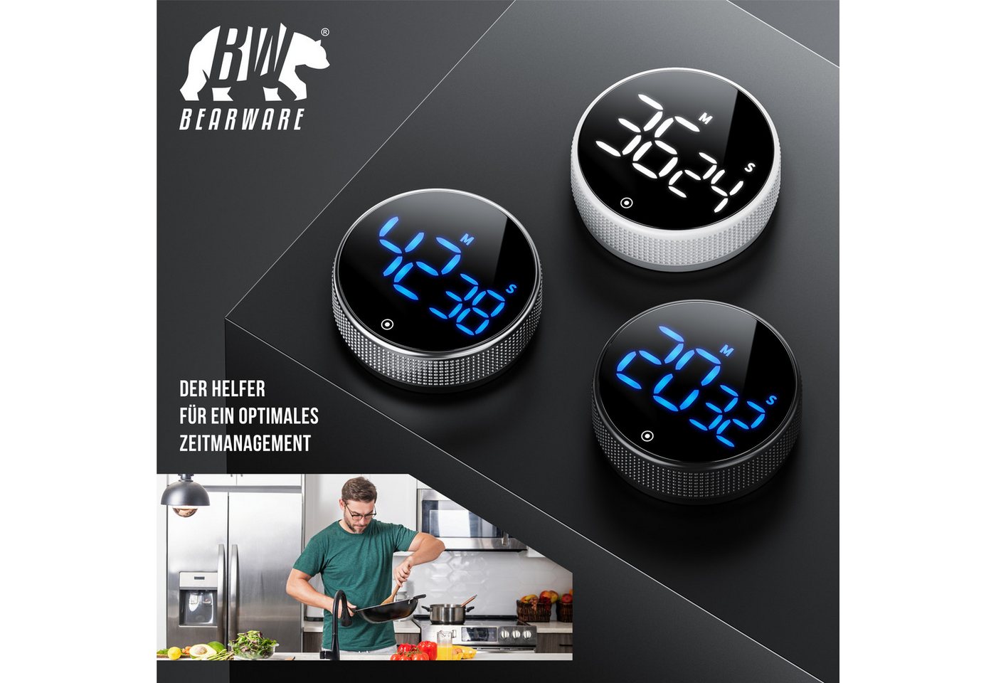 BEARWARE Küchentimer Digital, Küchenwecker Eieruhr, LED Display, Countdown, magnetisch Kurzzeittimer, Küchenuhr mit Restzeitanzeige, Alarmton einstellbar
