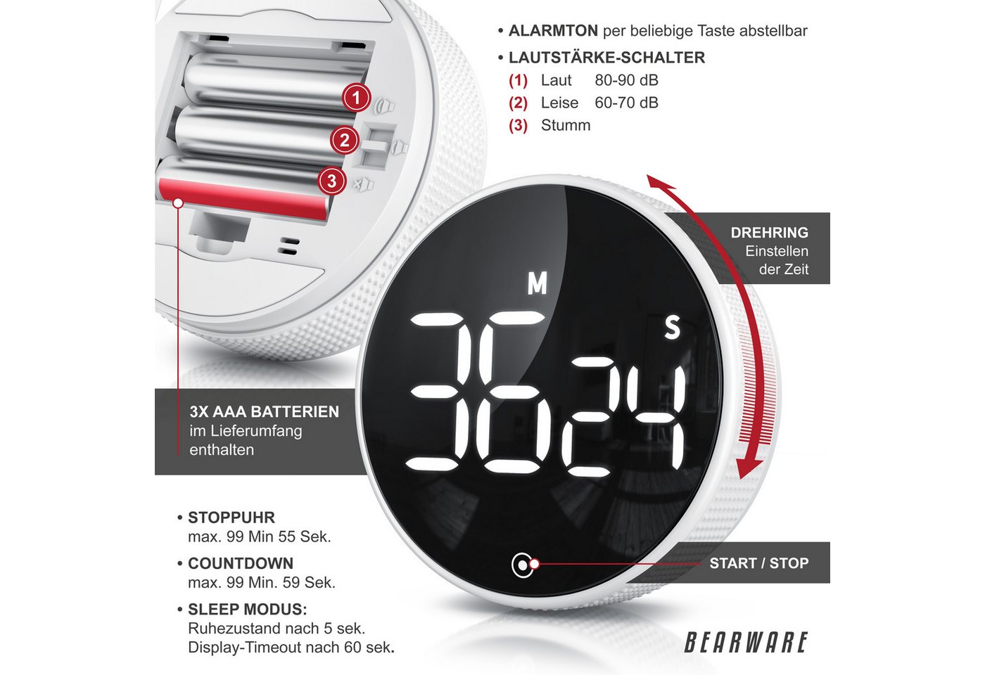 BEARWARE Küchentimer Digital, Küchenwecker Eieruhr, LED Display, Countdown, magnetisch Kurzzeittimer, Küchenuhr mit Restzeitanzeige, Alarmton einstellbar Bild 3