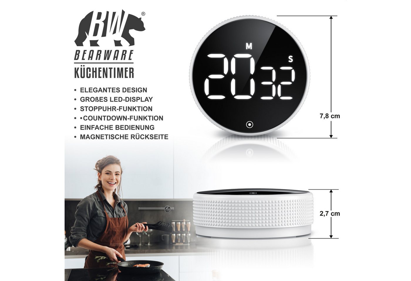 BEARWARE Küchentimer Digital, Küchenwecker Eieruhr, LED Display, Countdown, magnetisch Kurzzeittimer, Küchenuhr mit Restzeitanzeige, Alarmton einstellbar Bild 5