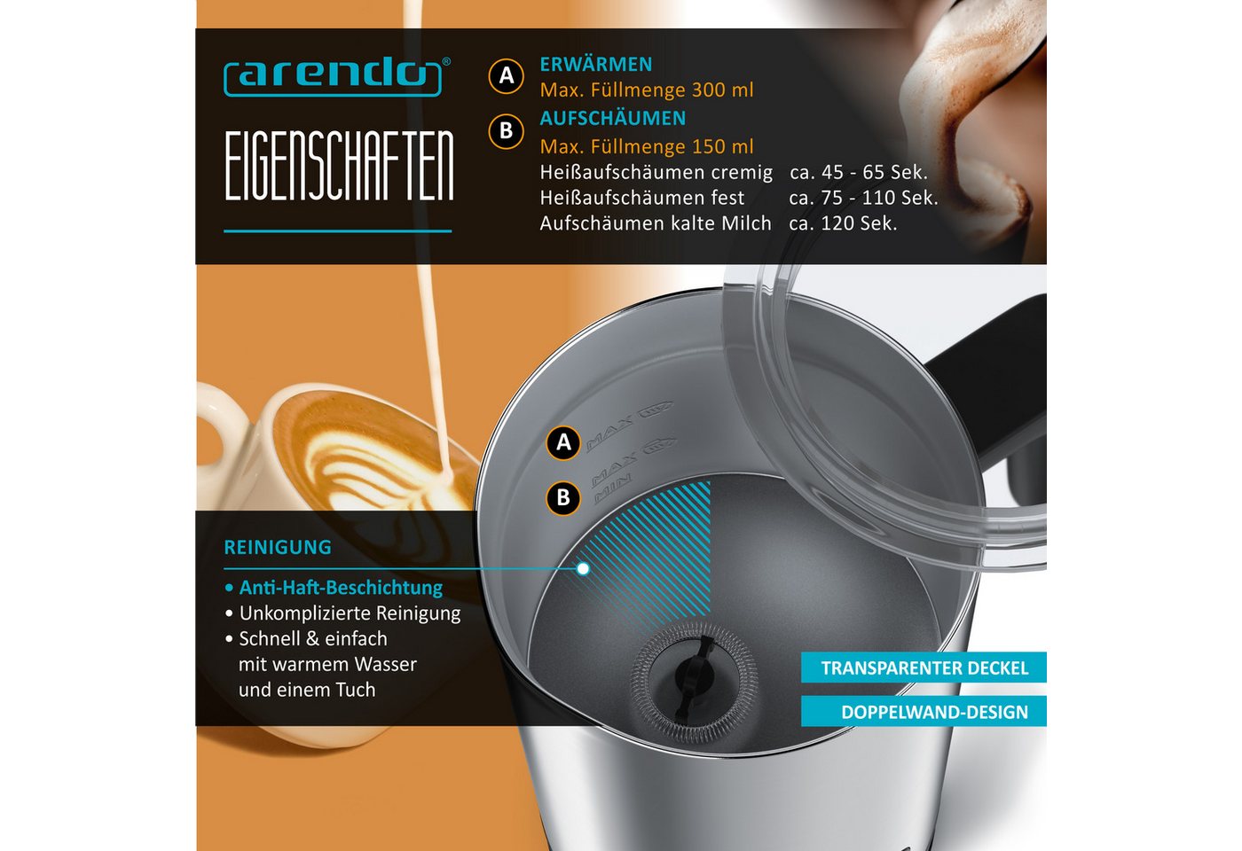 Arendo Milchaufschäumer elektrisch, Doppelwandgehäuse, 4 Programme, Antihaftbeschichtung, 500 W, 150 ml Heiß-/Kaltschaum,300 ml warme Milch,Cappuccino/Latte Macchiato