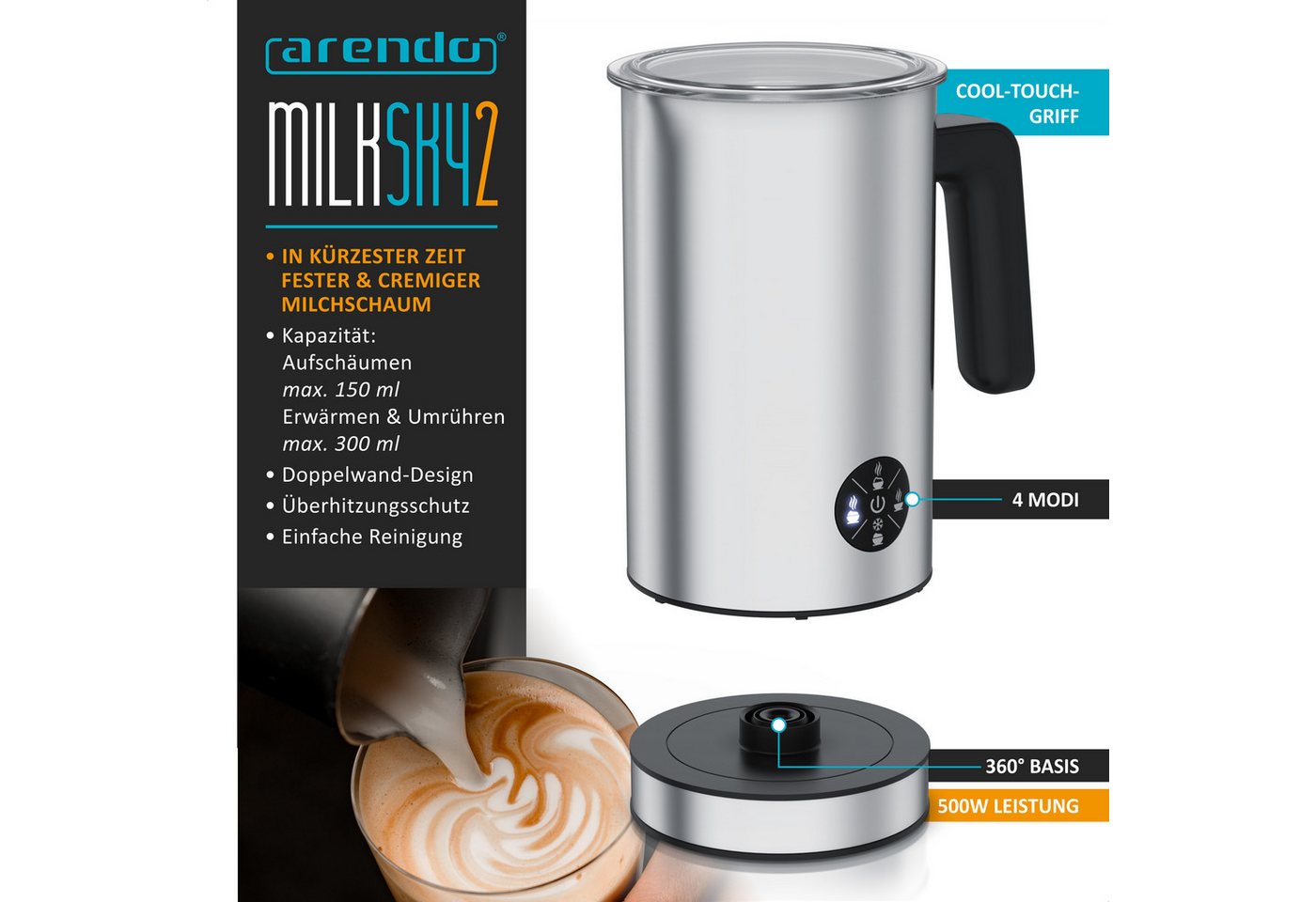 Arendo Milchaufschäumer elektrisch, Doppelwandgehäuse, 4 Programme, Antihaftbeschichtung, 500 W, 150 ml Heiß-/Kaltschaum,300 ml warme Milch,Cappuccino/Latte Macchiato Bild 2