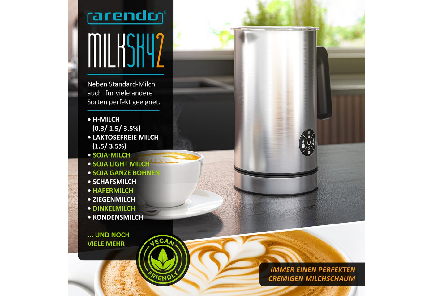 Arendo Milchaufschäumer elektrisch, Doppelwandgehäuse, 4 Programme, Antihaftbeschichtung, 500 W, 150 ml Heiß-/Kaltschaum,300 ml warme Milch,Cappuccino/Latte Macchiato Bild 4