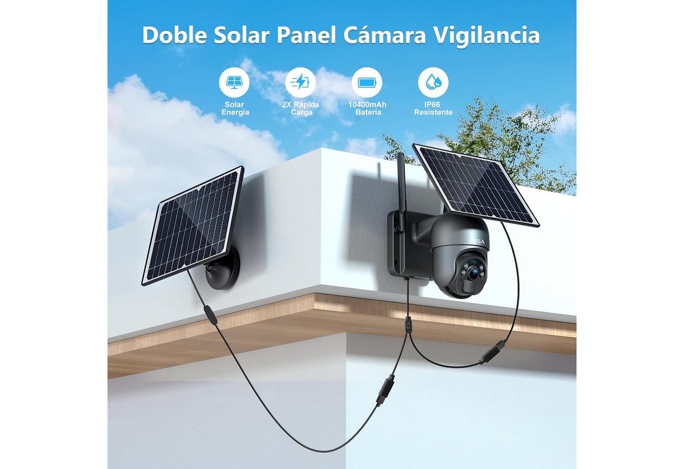 XEGA Überwachungskamera 2 Solar Panels 4G LTE Wireless Solar Security Camera (Night Vision, Two-Way Audio, SIM Card Included, 2K Outdoor Camera 355°/95°, PIR Motion Sensor)