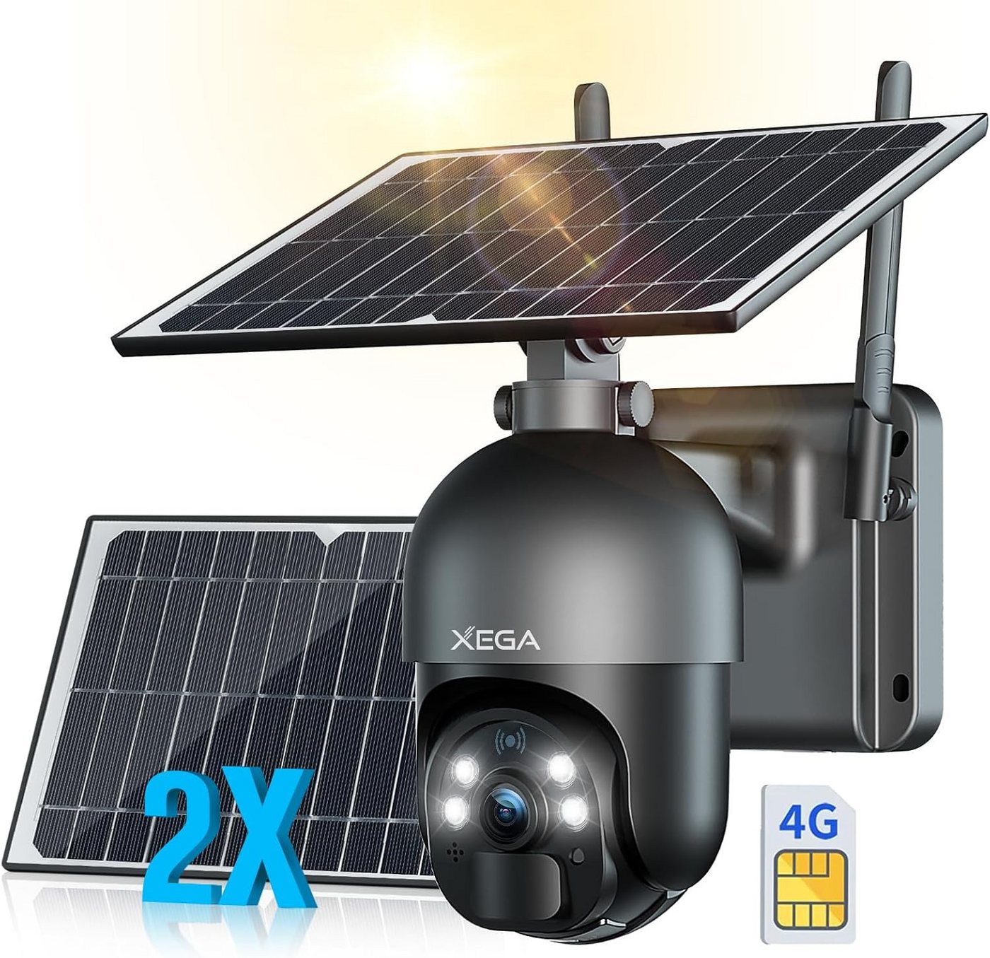 XEGA Überwachungskamera 2 Solar Panels 4G LTE Wireless Solar Security Camera (Night Vision, Two-Way Audio, SIM Card Included, 2K Outdoor Camera 355°/95°, PIR Motion Sensor) Bild 2