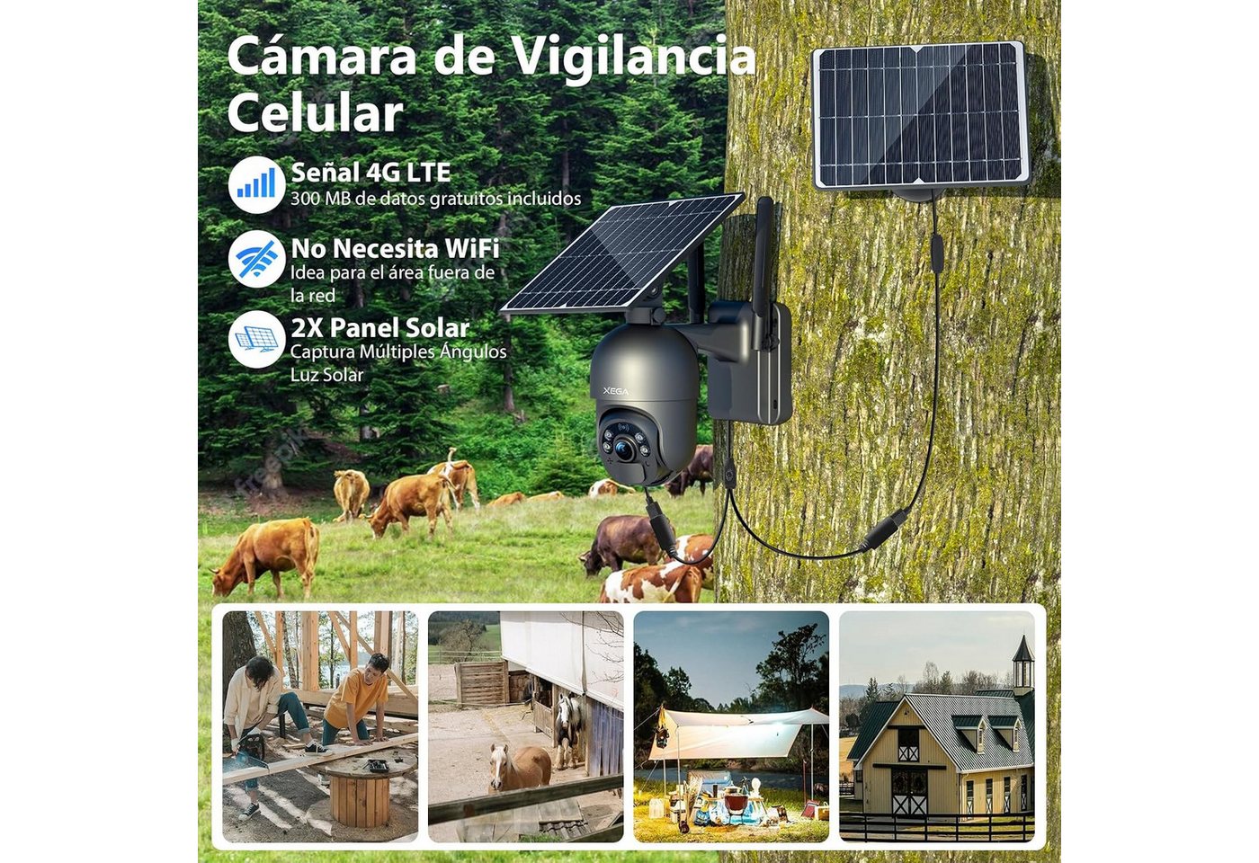 XEGA Überwachungskamera 2 Solar Panels 4G LTE Wireless Solar Security Camera (Night Vision, Two-Way Audio, SIM Card Included, 2K Outdoor Camera 355°/95°, PIR Motion Sensor) Bild 4