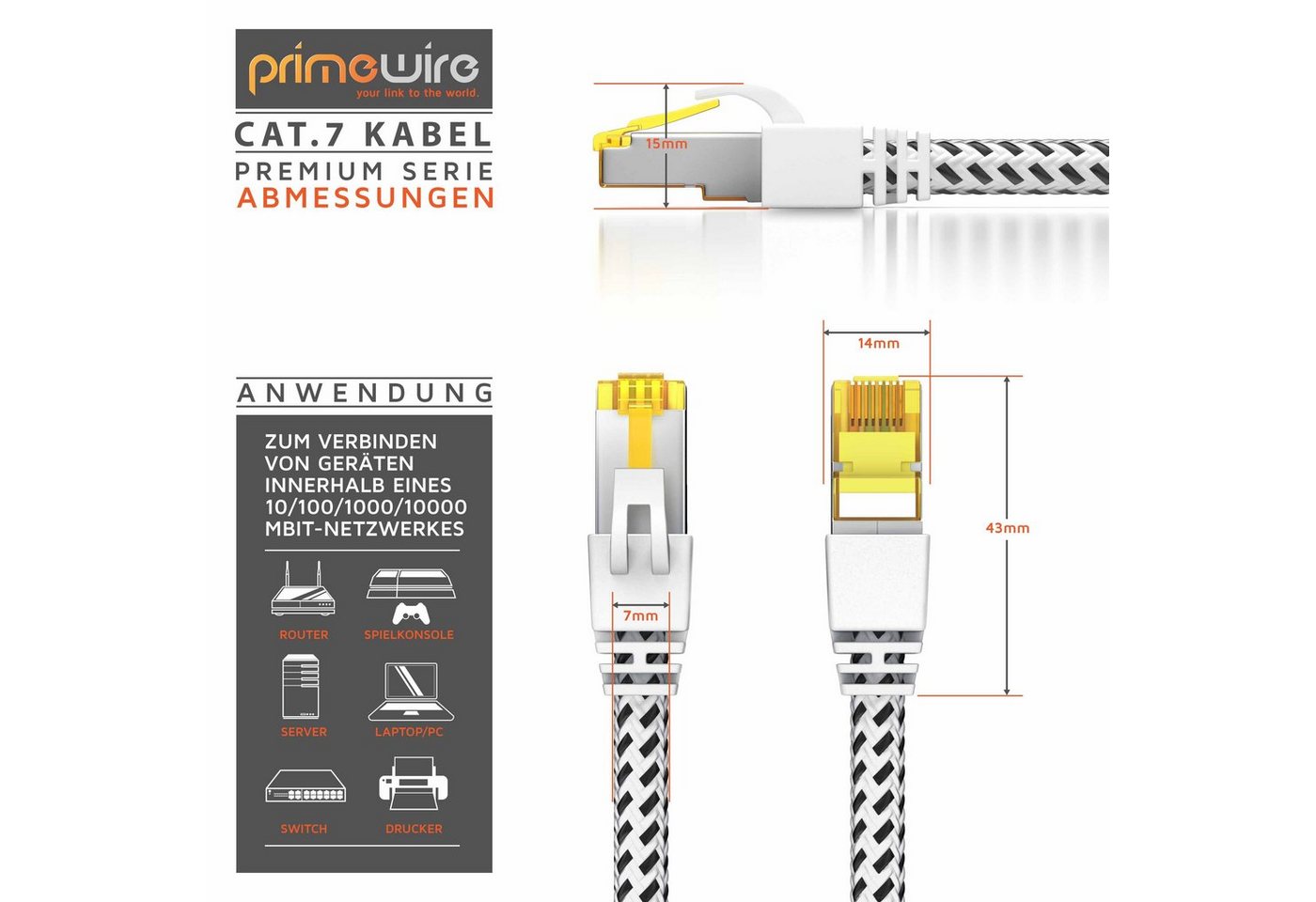 Primewire CAT 7 Gigabit Ethernet Netzwerkkabel, Patchkabel 10 Gbit/s - 5m LAN-Kabel, RJ-45 (Ethernet), RJ-45 (Ethernet) (500 cm), CAT7 Rohkabel S/FTP Pimf Schirmung, Baumwollmantel, 10000 Mbit/s Bild 2