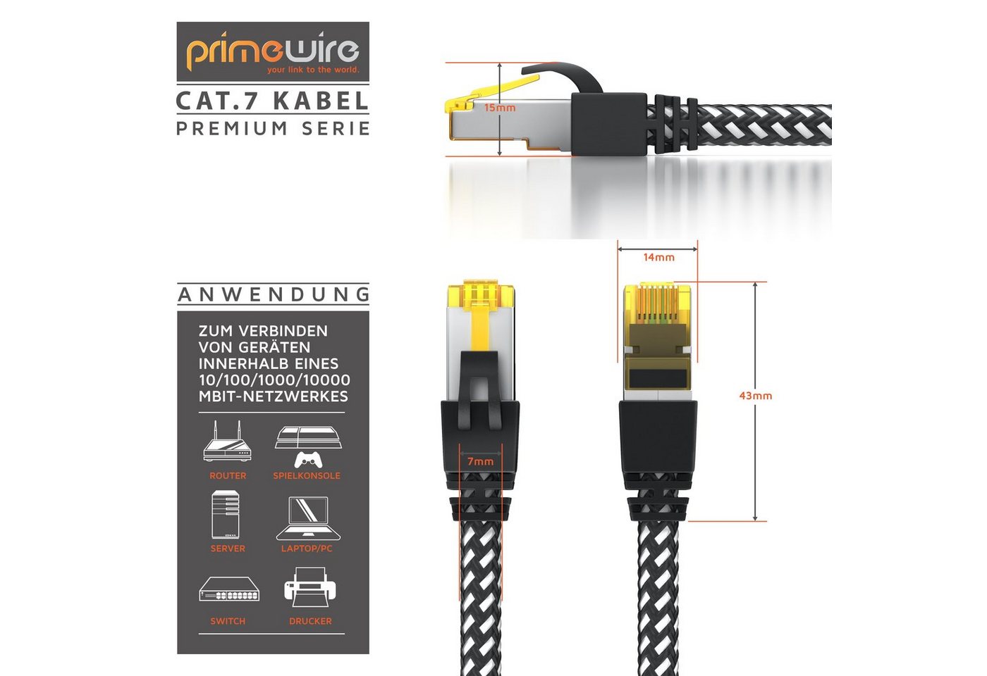 Primewire CAT 7 Gigabit Ethernet Netzwerkkabel, Patchkabel 10 Gbit/s - 7,5m LAN-Kabel, RJ-45 (Ethernet), RJ-45 (Ethernet) (750 cm), CAT7 Rohkabel S/FTP Pimf Schirmung, Baumwollmantel, 10000 Mbit/s Bild 5