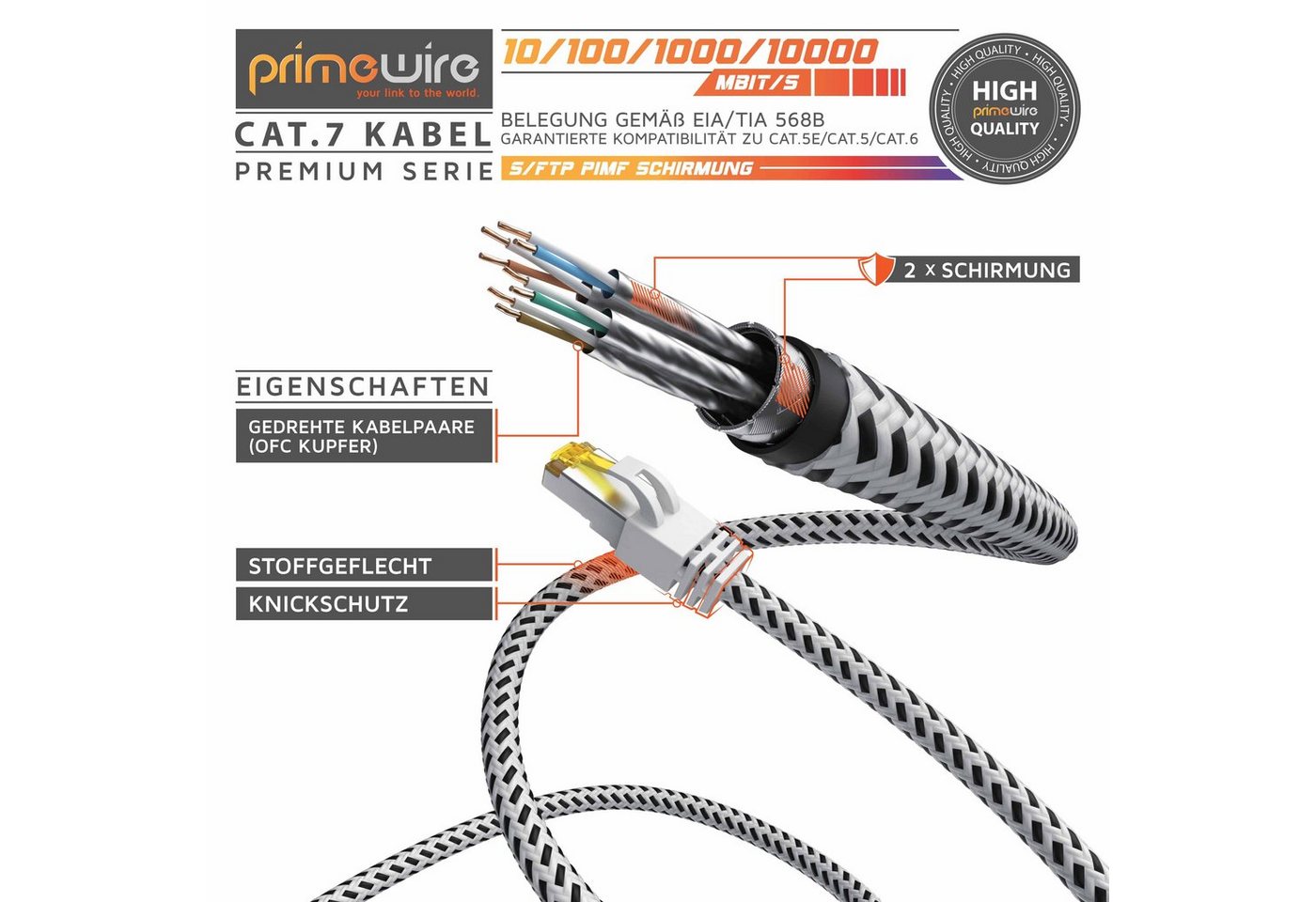 Primewire CAT 7 Gigabit Ethernet Netzwerkkabel, Patchkabel 10 Gbit/s - 0,5m LAN-Kabel, RJ-45 (Ethernet), RJ-45 (Ethernet) (50 cm), CAT7 Rohkabel S/FTP Pimf Schirmung, Baumwollmantel, 10000 Mbit/s Bild 3
