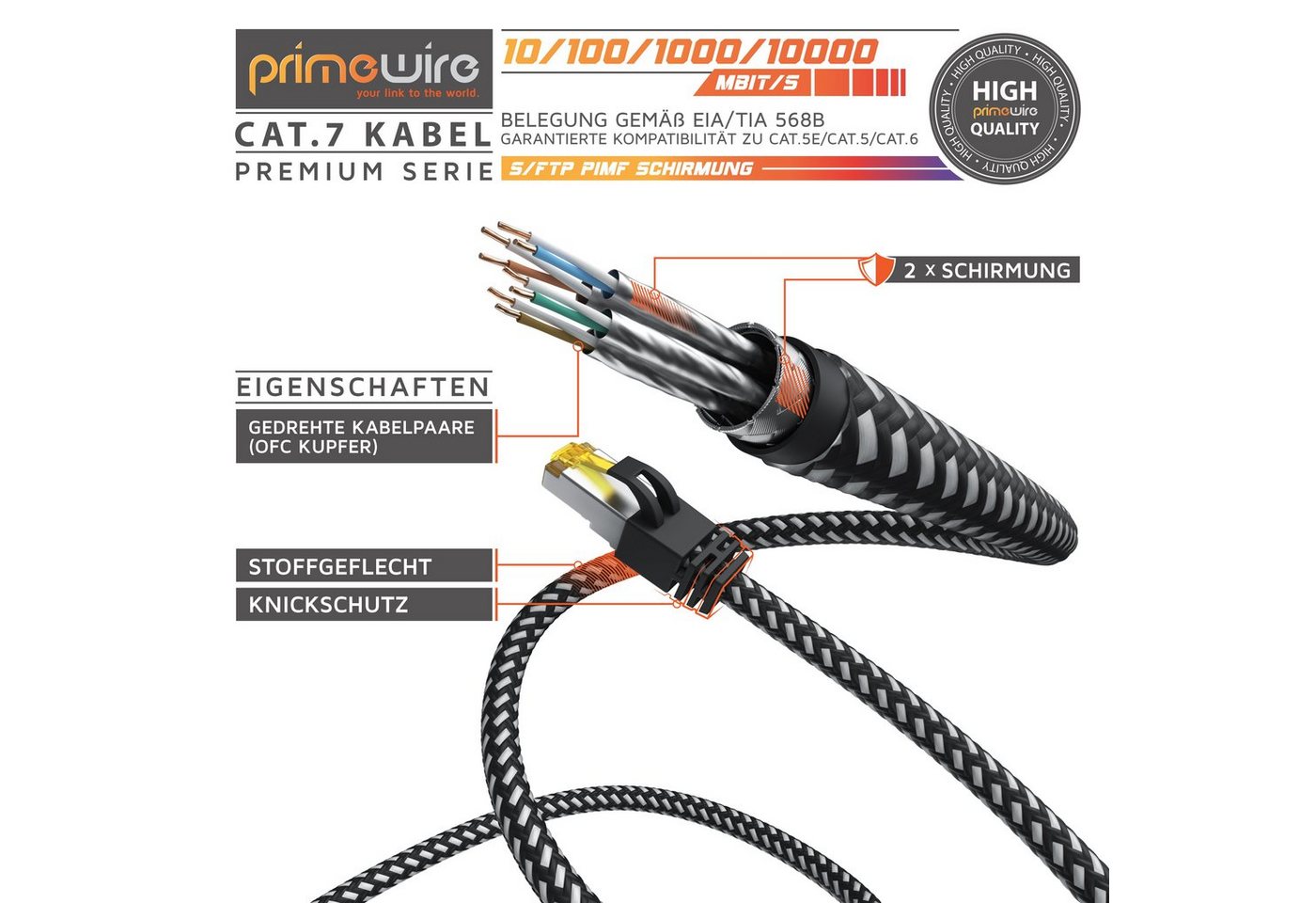 Primewire CAT 7 Gigabit Ethernet Netzwerkkabel, Patchkabel 10 Gbit/s - 2m LAN-Kabel, RJ-45 (Ethernet), RJ-45 (Ethernet) (200 cm), CAT7 Rohkabel S/FTP Pimf Schirmung, Baumwollmantel, 10000 Mbit/s