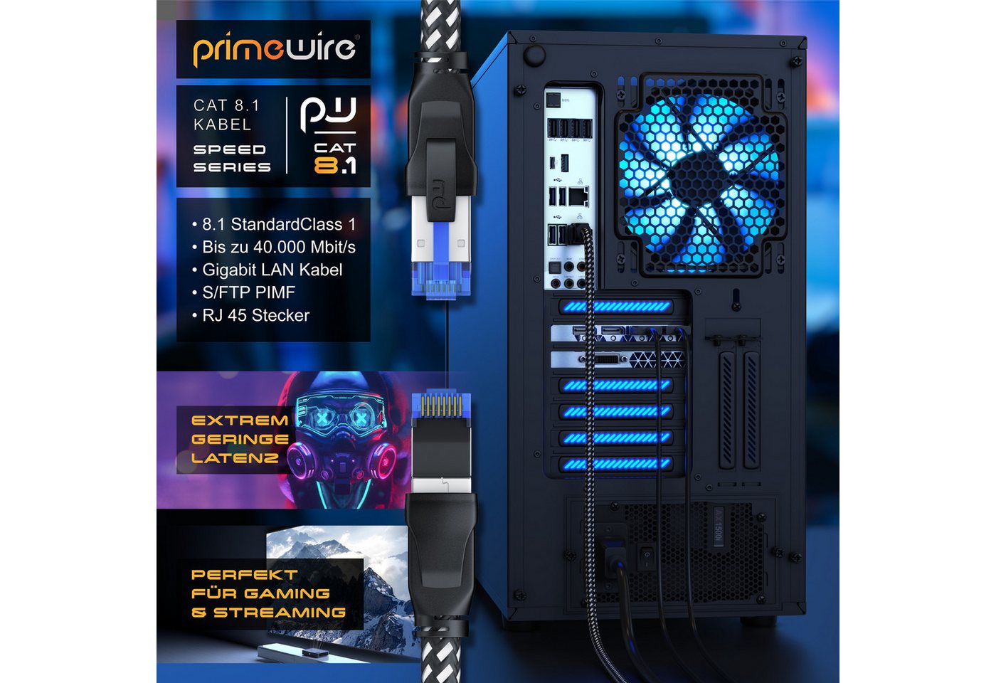Primewire 5x Patchkabel CAT 8 1m, Baumwollmantel, Netzwerkkabel 40Gbit/s LAN-Kabel, RJ-45 (Ethernet), RJ-45 (Ethernet) (100 cm), für Router, Modem, Switch, PC, ideal für Gaming, Streaming, Homeoffice Bild 3