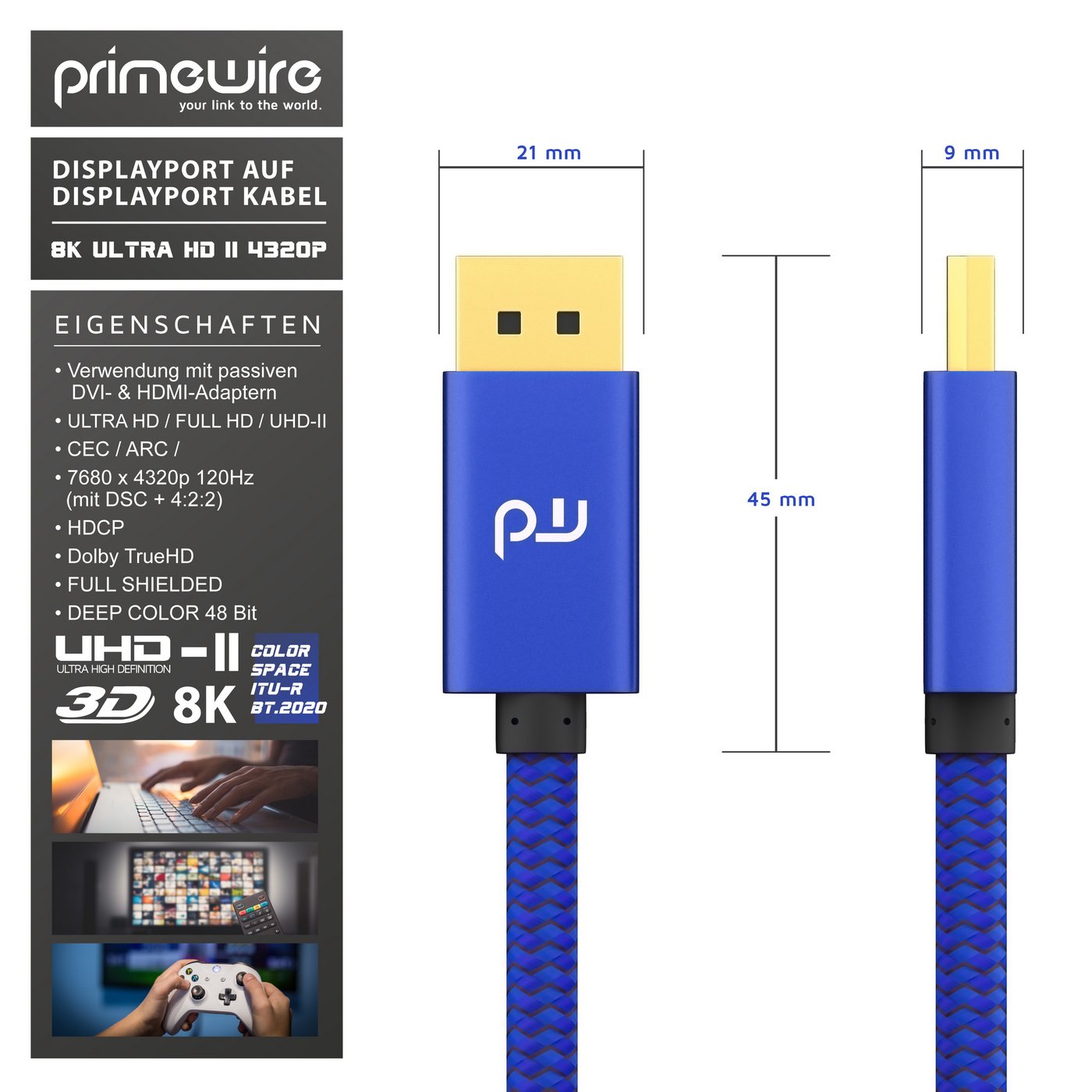 Primewire 2er Set DisplayPort Kabel 1.4 8K 2m blau Audio- & Video-Kabel, DisplayPort, DP 1.4 (200 cm), für Gaming-Monitor und PC, flüssige, gestochen scharfe Bildwiedergabe Bild 5