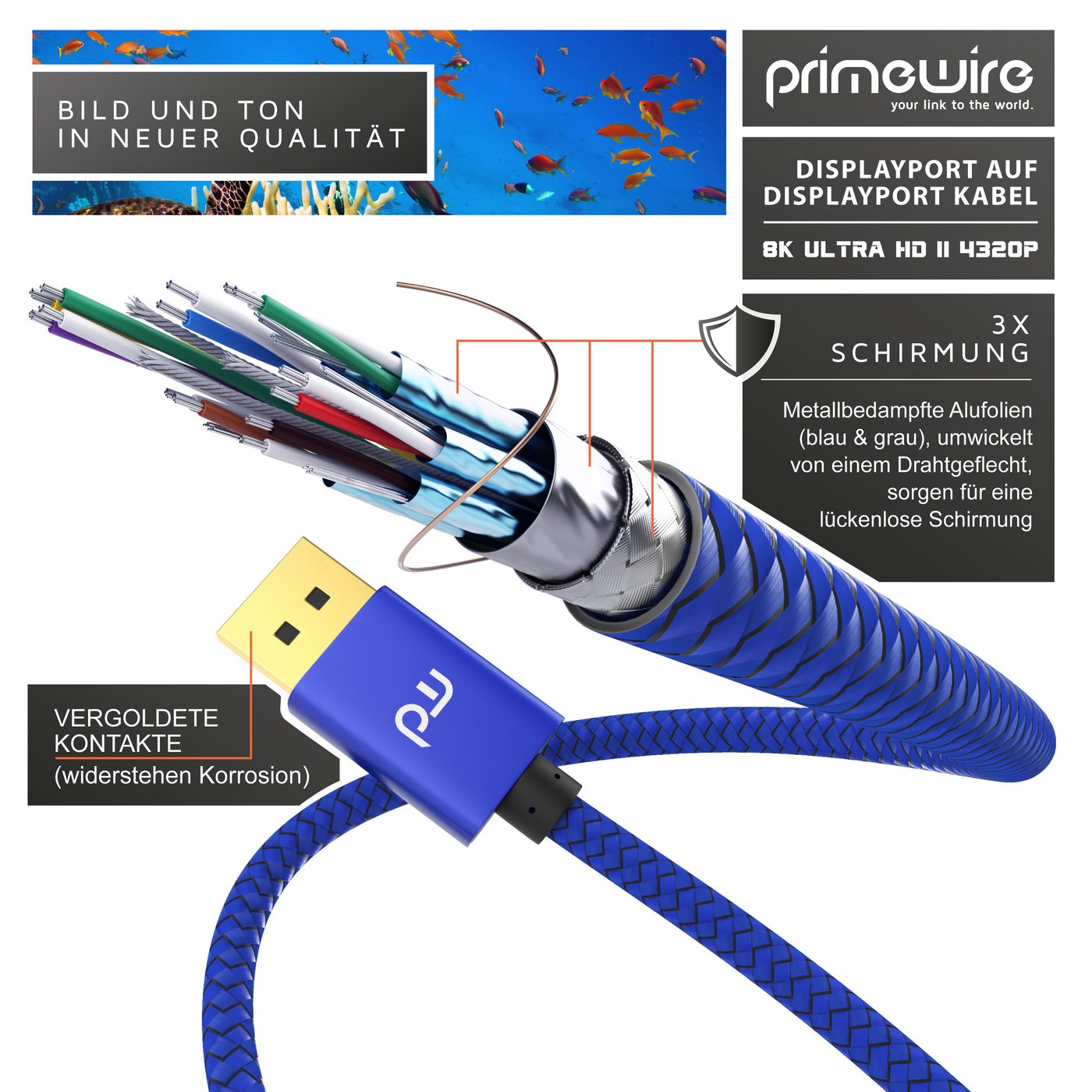 Primewire 2er Set DisplayPort Kabel 1.4 8K 1m blau Audio- & Video-Kabel, DisplayPort, DP 1.4 (100 cm), für Gaming-Monitor und PC, flüssige, gestochen scharfe Bildwiedergabe Bild 2