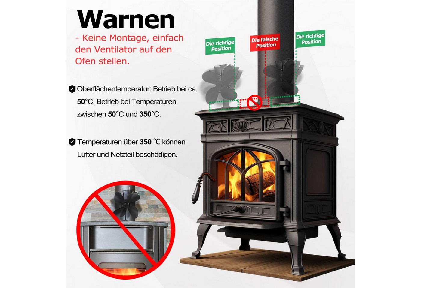 FIVMEN Kaminventilator Kaminlüfter Kaminventilator Ofenventilator Lüfter mit 4 Blättern, Wärmebetriebener für Holzofen, Kamin, Schwarz