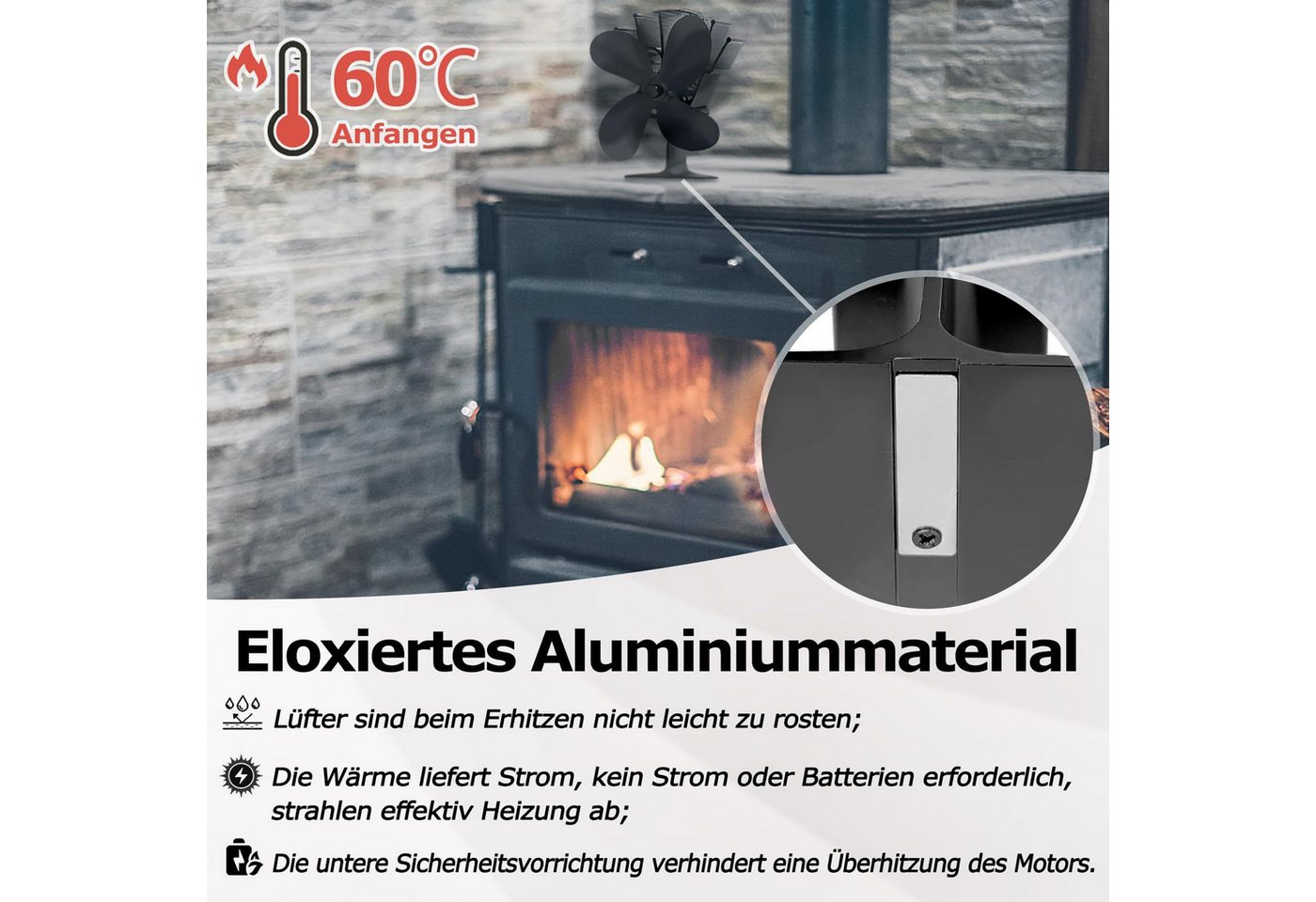 FIVMEN Kaminventilator Kaminlüfter Kaminventilator Ofenventilator Lüfter mit 4 Blättern, Wärmebetriebener für Holzofen, Kamin, Schwarz Bild 2