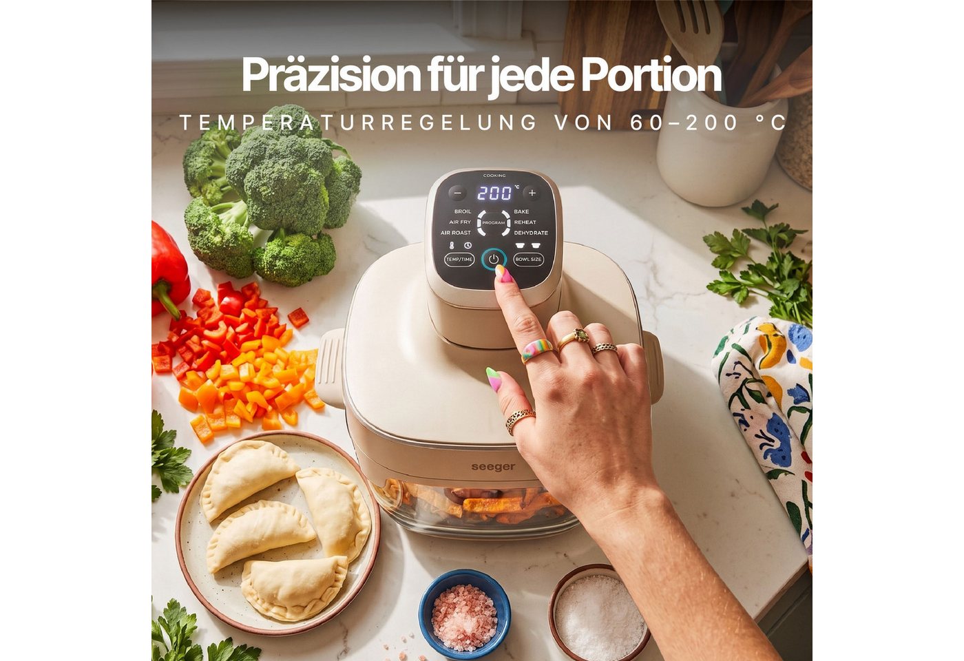 Seeger Heißluftfritteuse ClearFry, 1500 W, 2,5 L + 4,5 L Glasbehälter, PFAS-frei, 6 Programme