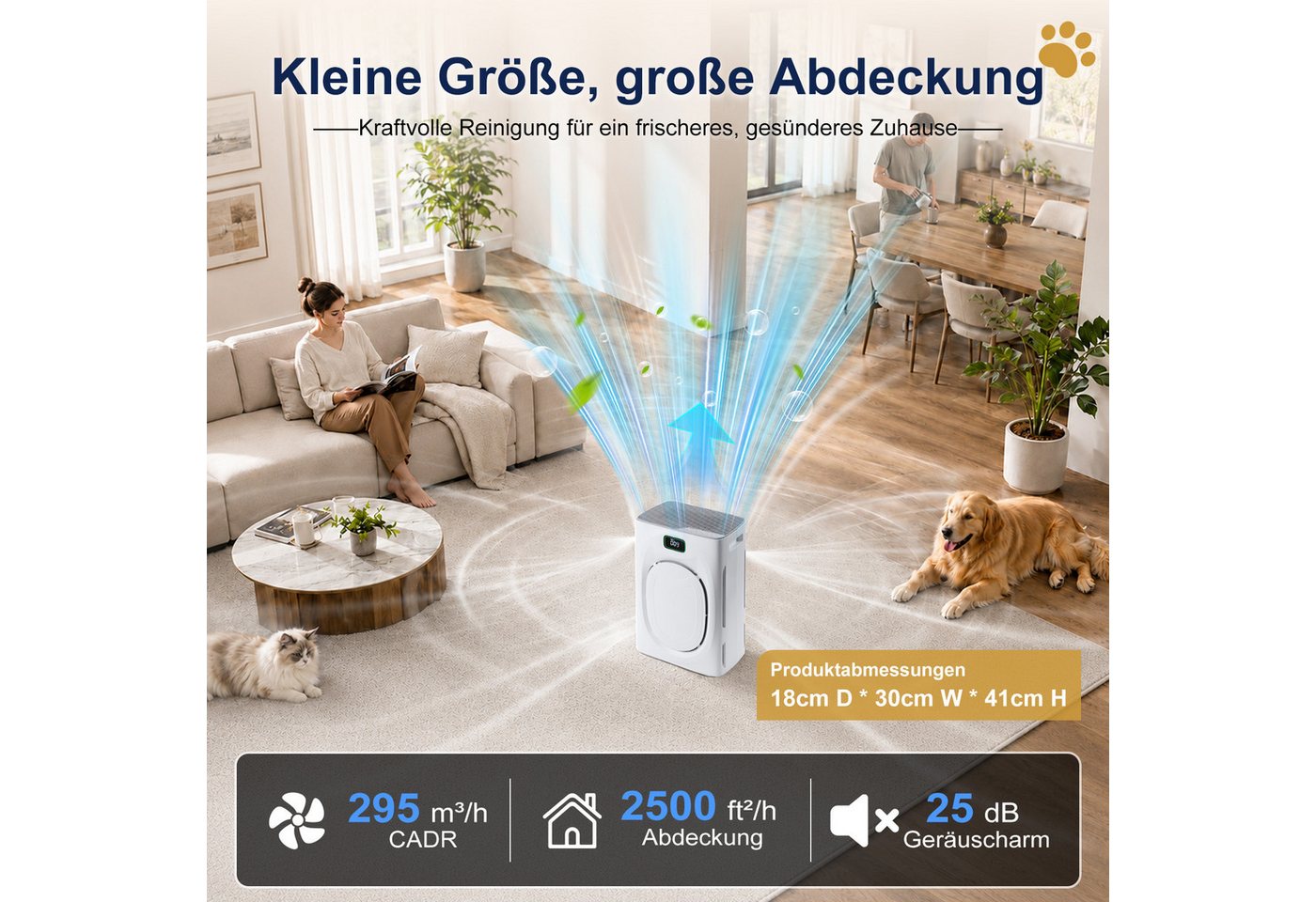 Rosnek Luftreiniger Luftreiniger mit H13 HEPA für Allergiker & Tierhaare, CADR 295 m³/h, 25 dB Schlafmodus, PM2.5-Anzeige, 2 Ersatzfilter für Zuhause & Büro