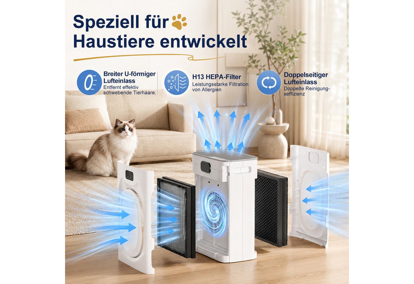 Rosnek Luftreiniger Luftreiniger mit H13 HEPA für Allergiker & Tierhaare, CADR 295 m³/h, 25 dB Schlafmodus, PM2.5-Anzeige, 2 Ersatzfilter für Zuhause & Büro Bild 4