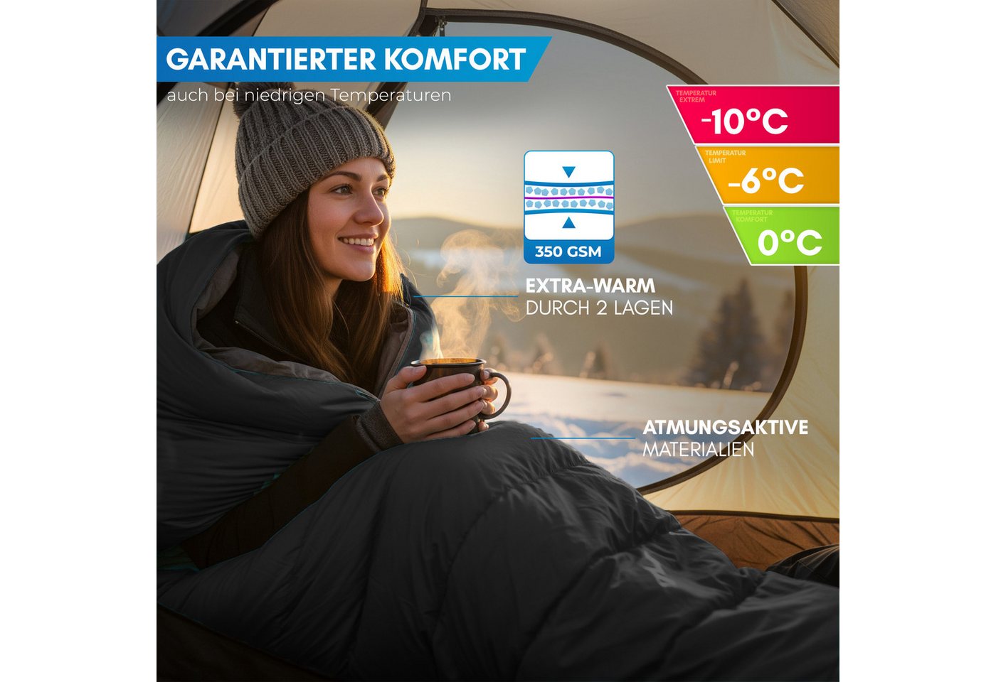 Nordmut Schlafsack Winterschlafsack Erwachsene -10°C atmungsaktiv 2-Wege-Reißverschluss (Outdoor Schlafsack wasserabweisend & atmungsaktiv, Camping Schlafsack mit YKK 2 Wege Reißverschluss), Mumienschlafsack mit Hollow Fiber Füllung bis −10 °C